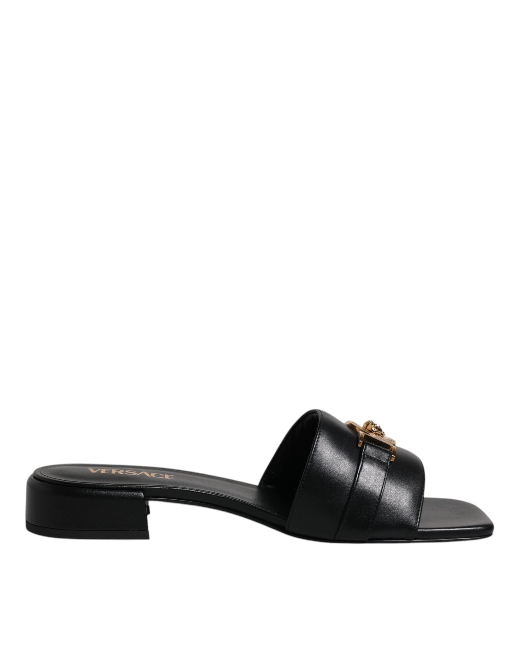 Versace Black Leather Logo Plaque Slip On Slides Flats Shoes | Regal Royce