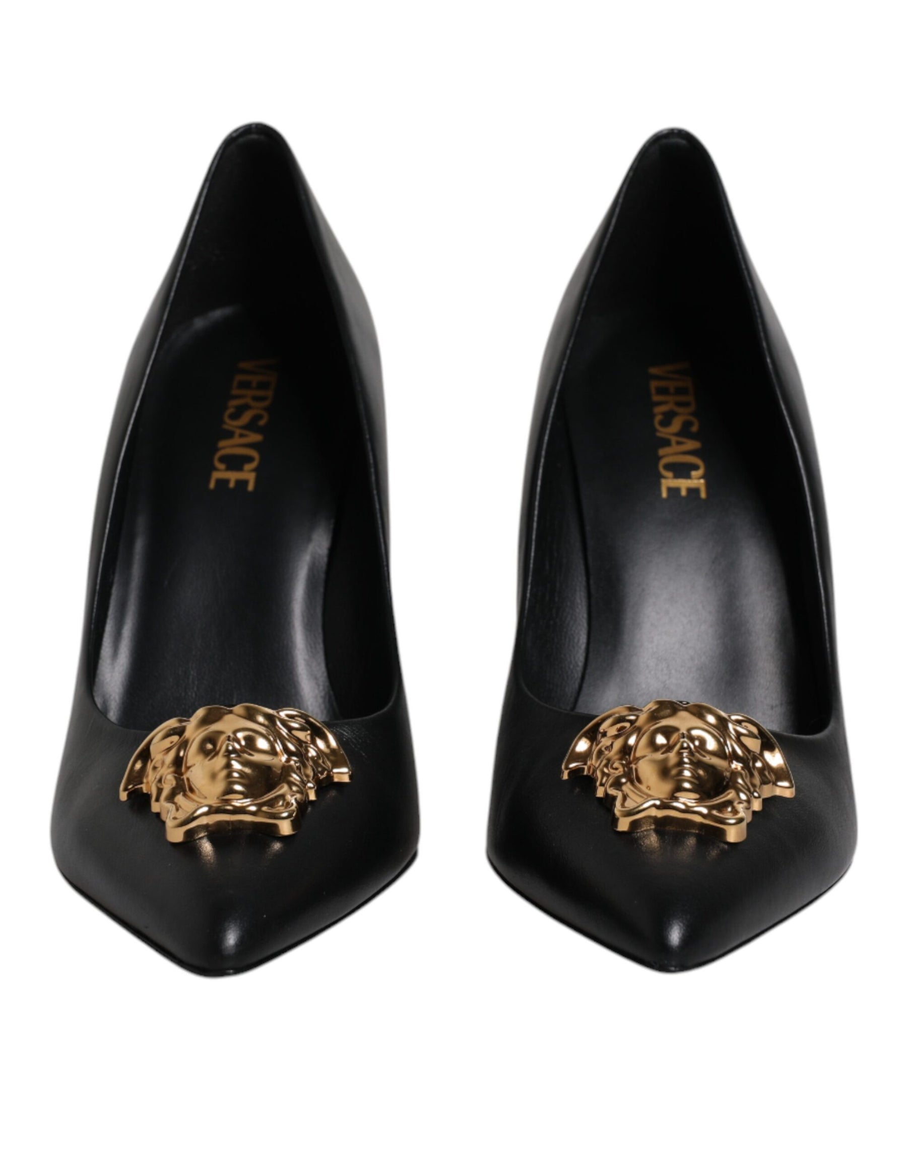 Versace Black Leather Logo Plaque High Heels Pumps Shoes | Regal Royce