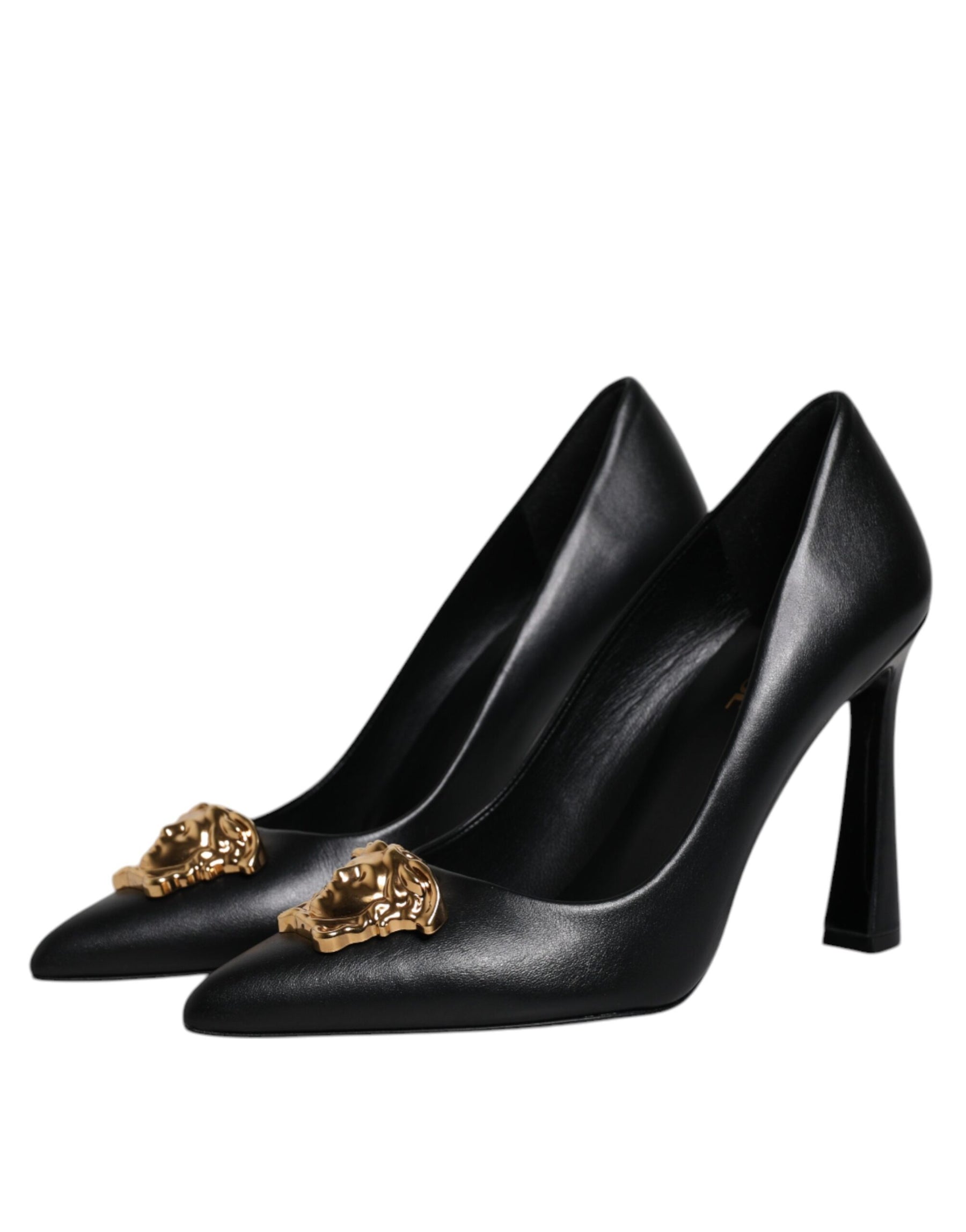 Versace Black Leather Logo Plaque High Heels Pumps Shoes | Regal Royce