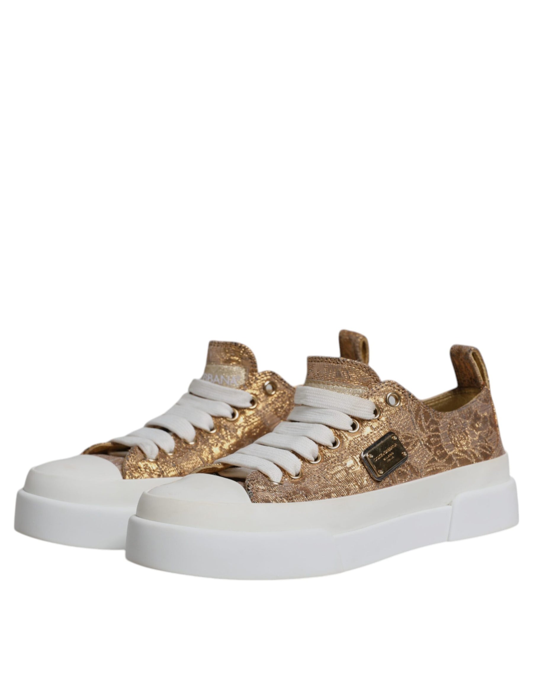 Dolce & Gabbana Gold White Logo Low Top Sneakers Shoes | Regal Royce