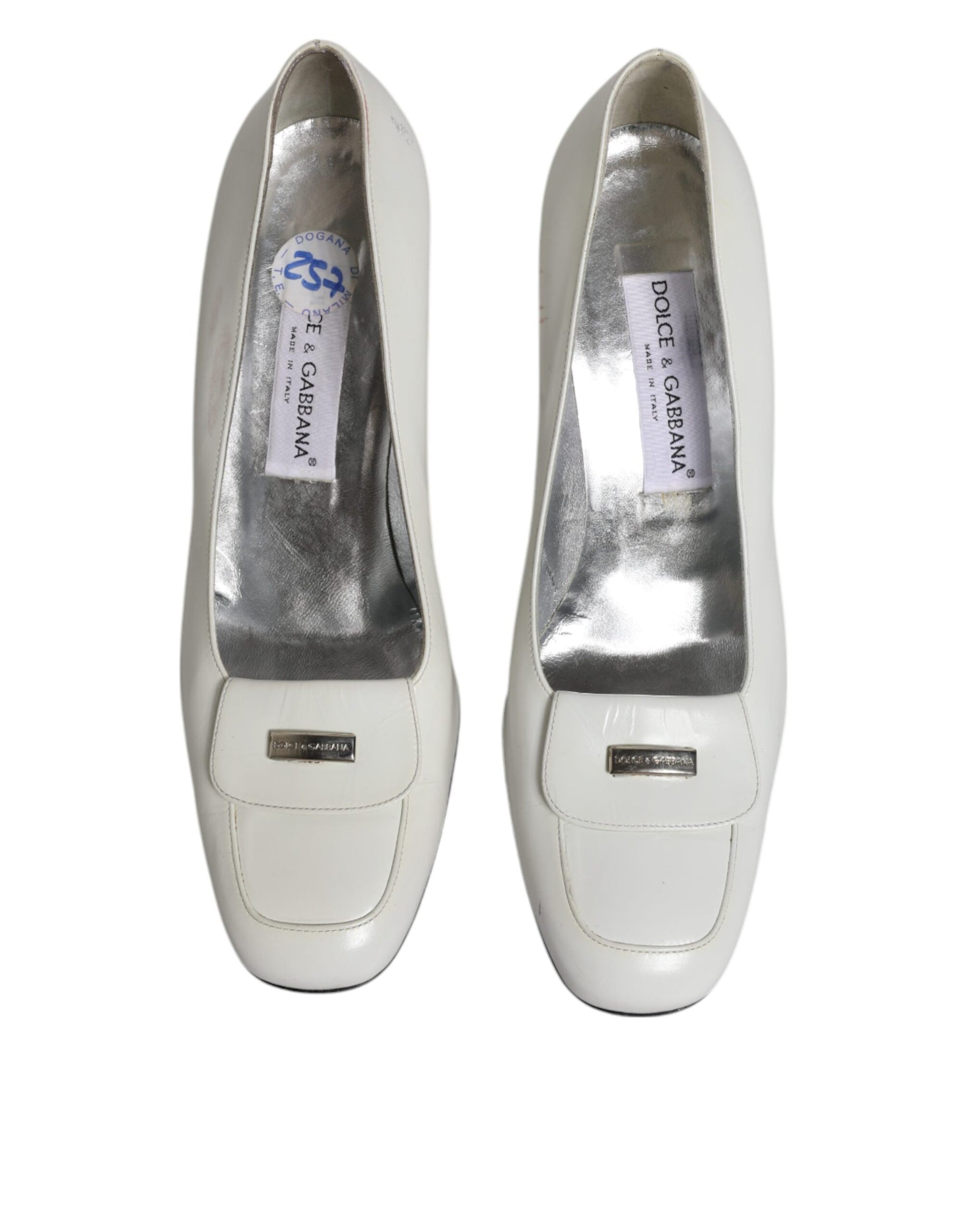 Dolce & Gabbana White Leather Block Heels Pumps Shoes | Regal Royce