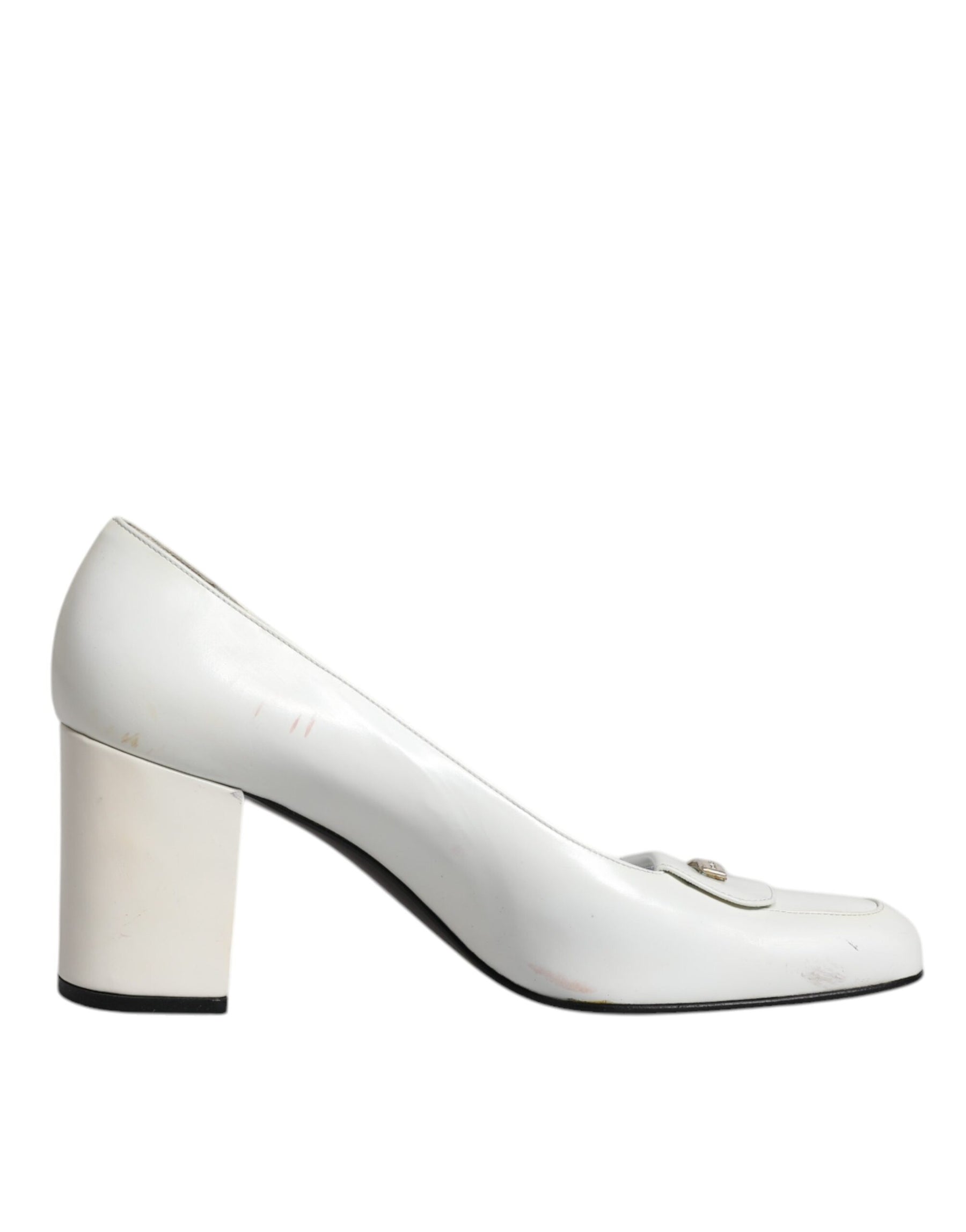 Dolce & Gabbana White Leather Block Heels Pumps Shoes | Regal Royce