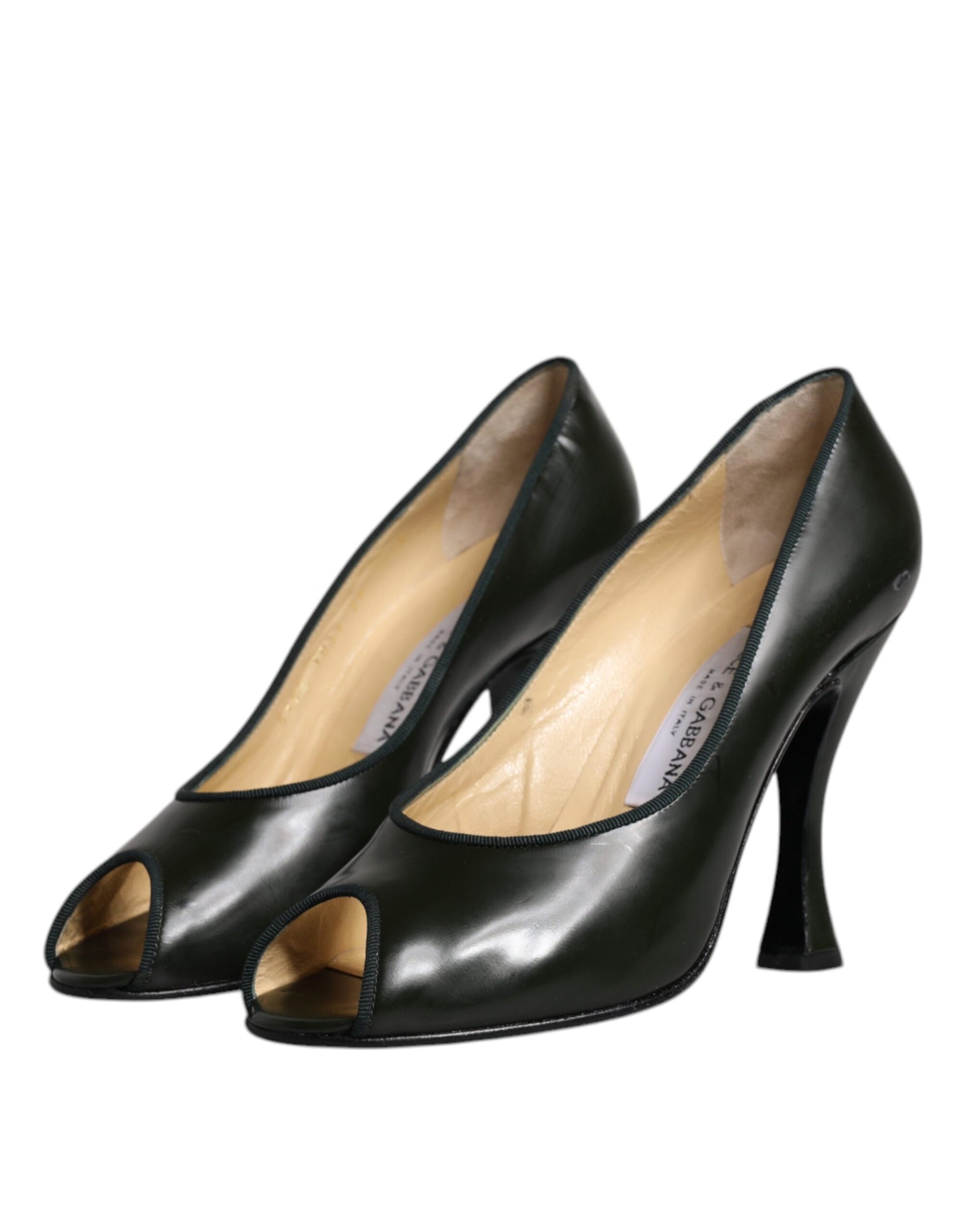 Dolce & Gabbana Green Leather Peep Toe Heels Pumps Shoes | Regal Royce