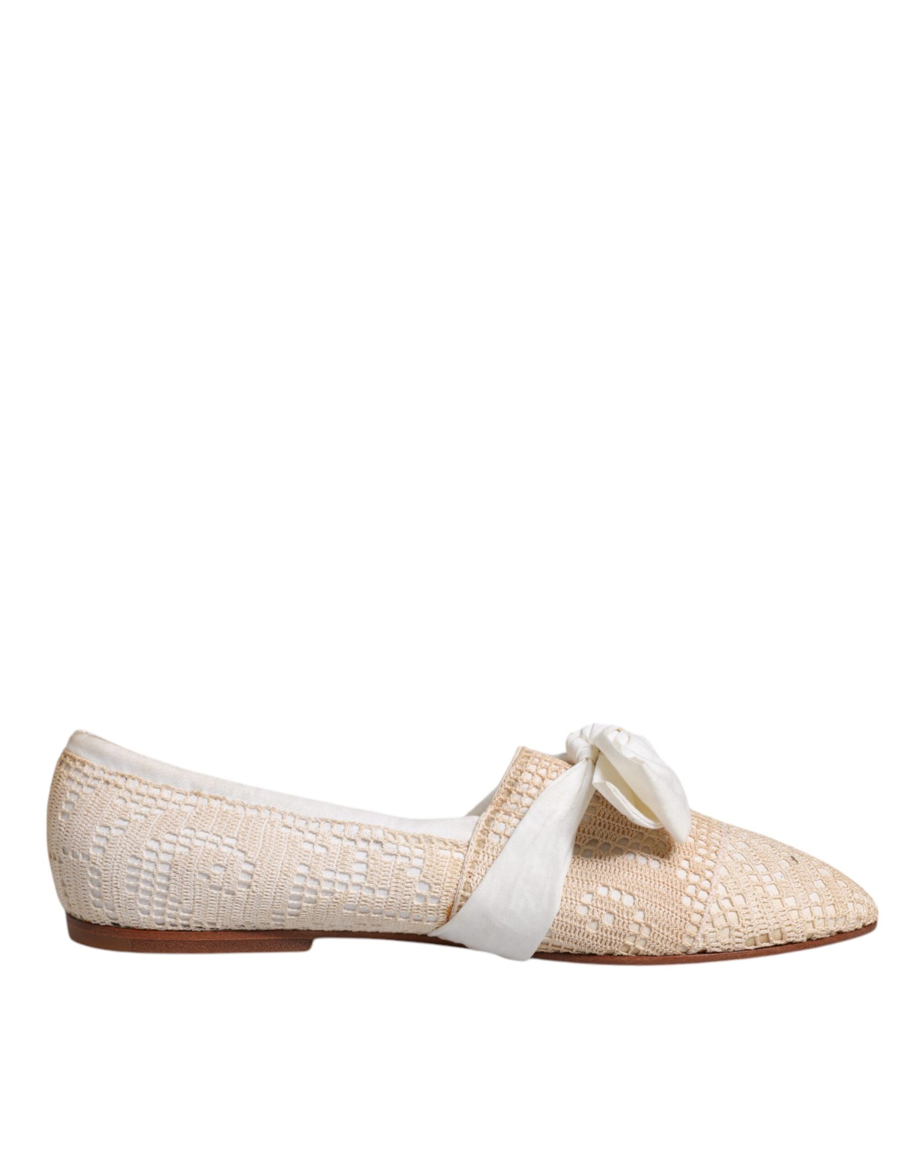Dolce & Gabbana Beige Ribbon Fabric Ballerina Flats Shoes | Regal Royce