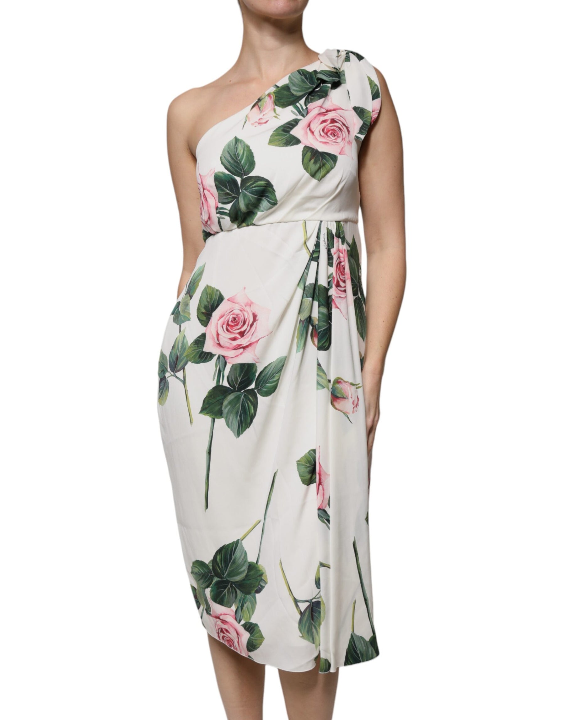 Dolce & Gabbana White Floral Silk One Shoulder Midi Dress | Regal Royce