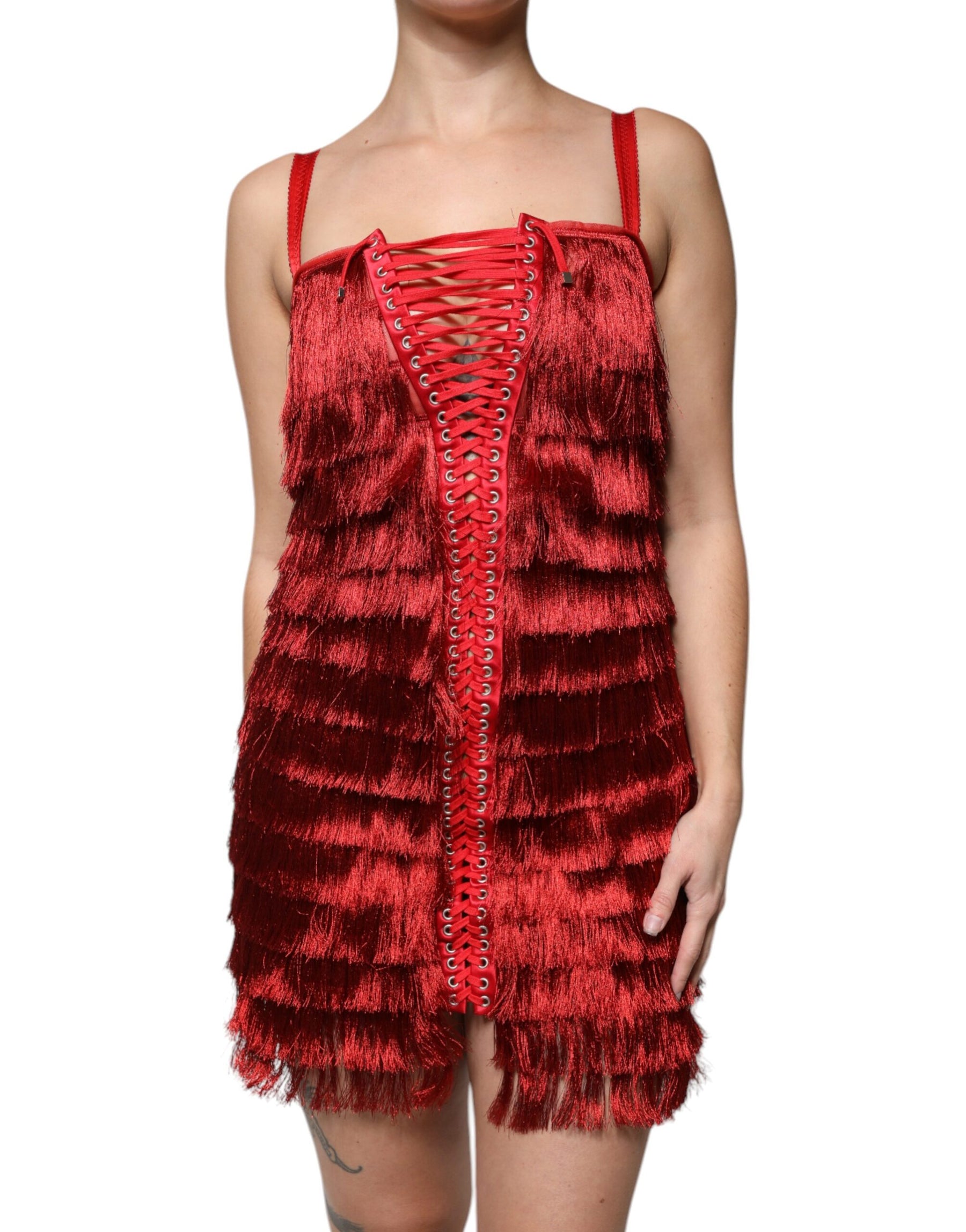 Dolce & Gabbana Red Lace Tassel Sleeveless Sheath Mini Dress | Regal Royce