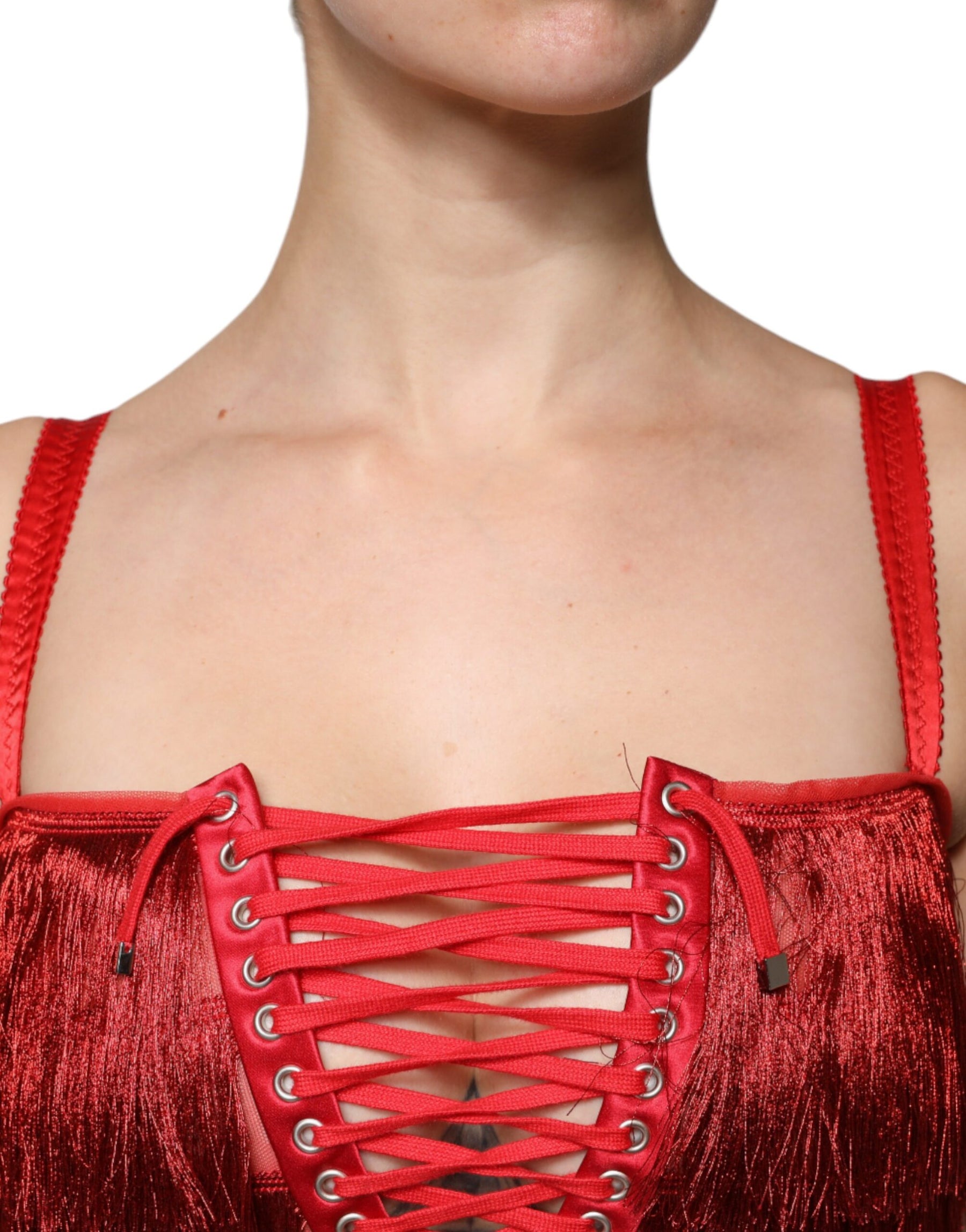 Dolce & Gabbana Red Lace Tassel Sleeveless Sheath Mini Dress | Regal Royce