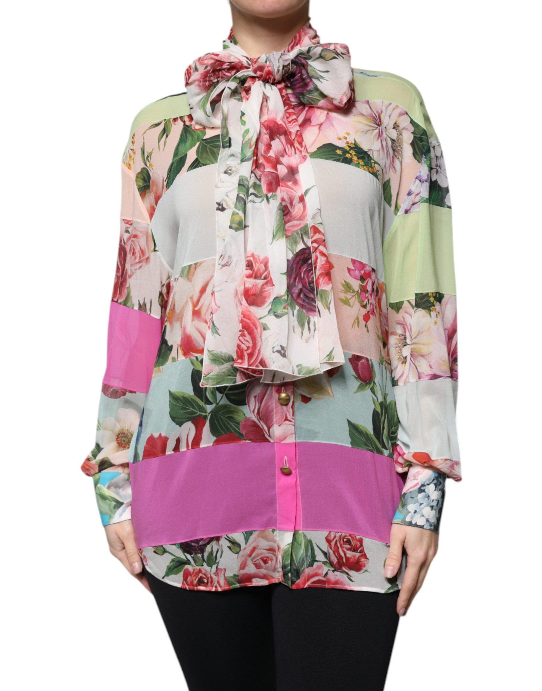Dolce & Gabbana Multicolor Floral Patchwork Ascot Collar Top | Regal Royce