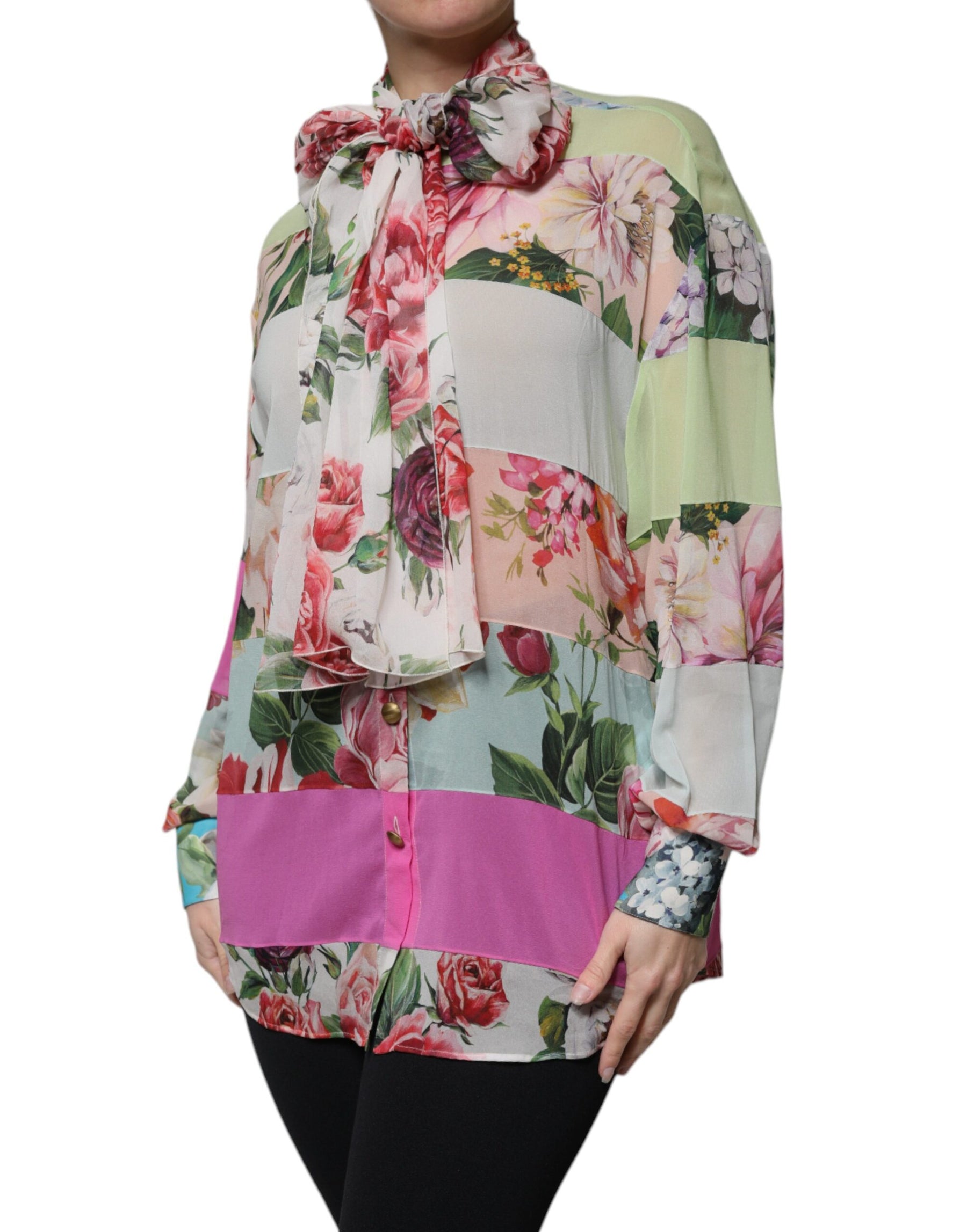 Dolce & Gabbana Multicolor Floral Patchwork Ascot Collar Top | Regal Royce