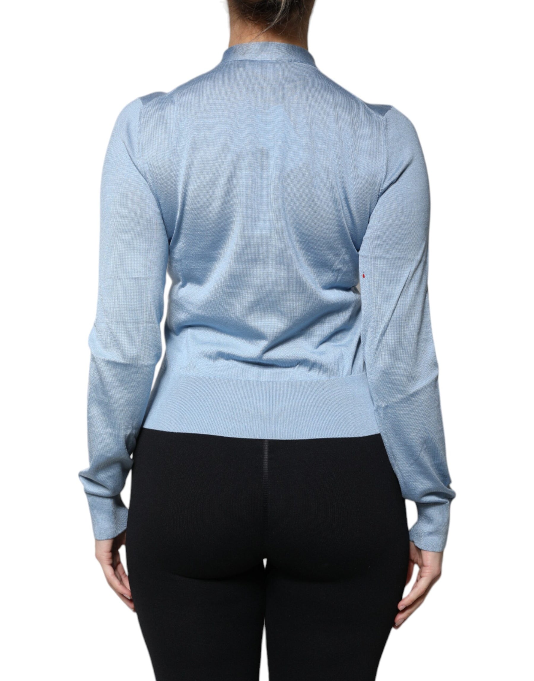 Dolce & Gabbana Blue Silk Knit Pullover Ascot Collar Top | Regal Royce