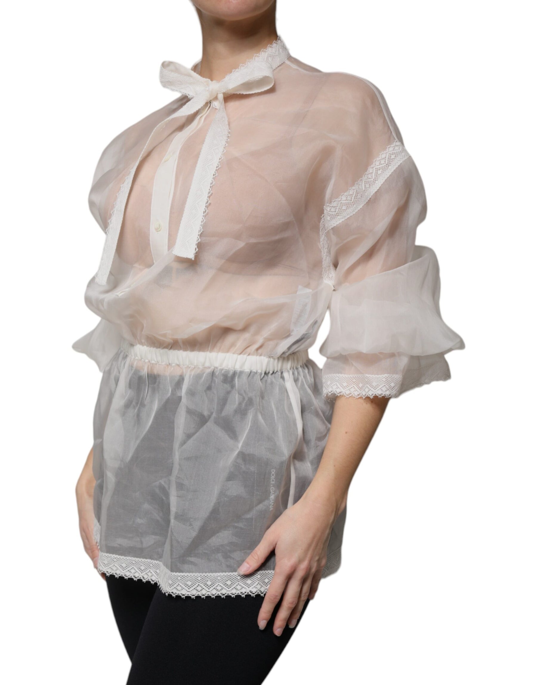 Dolce & Gabbana White Ascot Collar Long Sleeves Blouse Top | Regal Royce