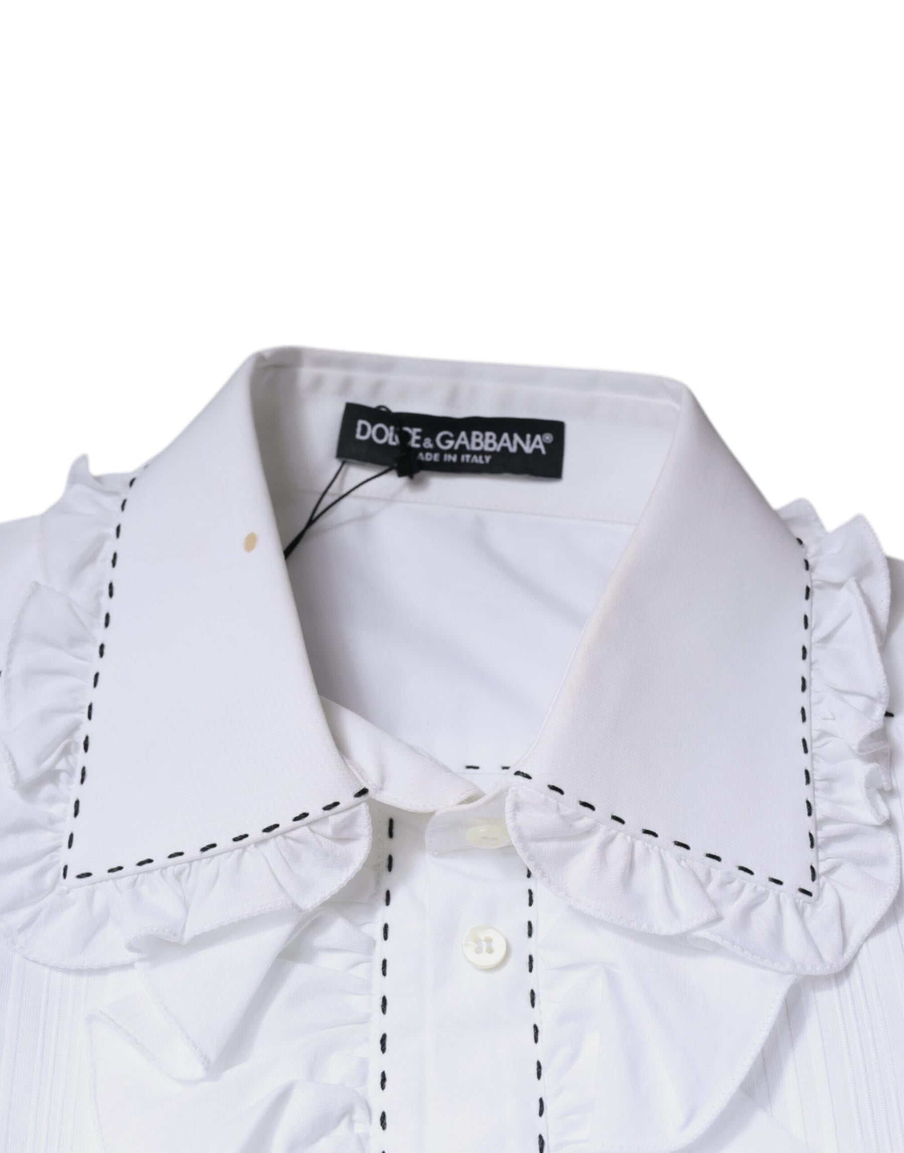 Dolce & Gabbana White Cotton Long Sleeves Ruffle Collar Top | Regal Royce