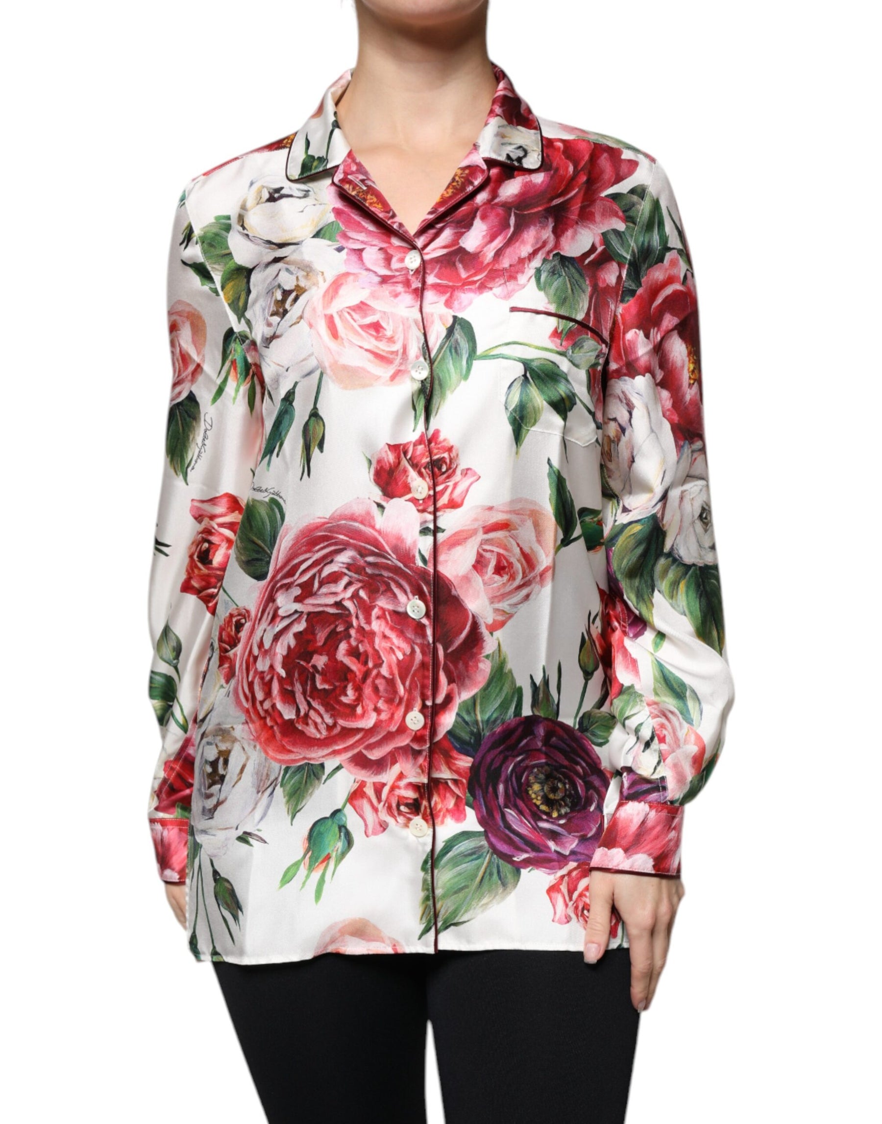 Dolce & Gabbana White Peony Silk Long Sleeves Collared Blouse Top | Regal Royce