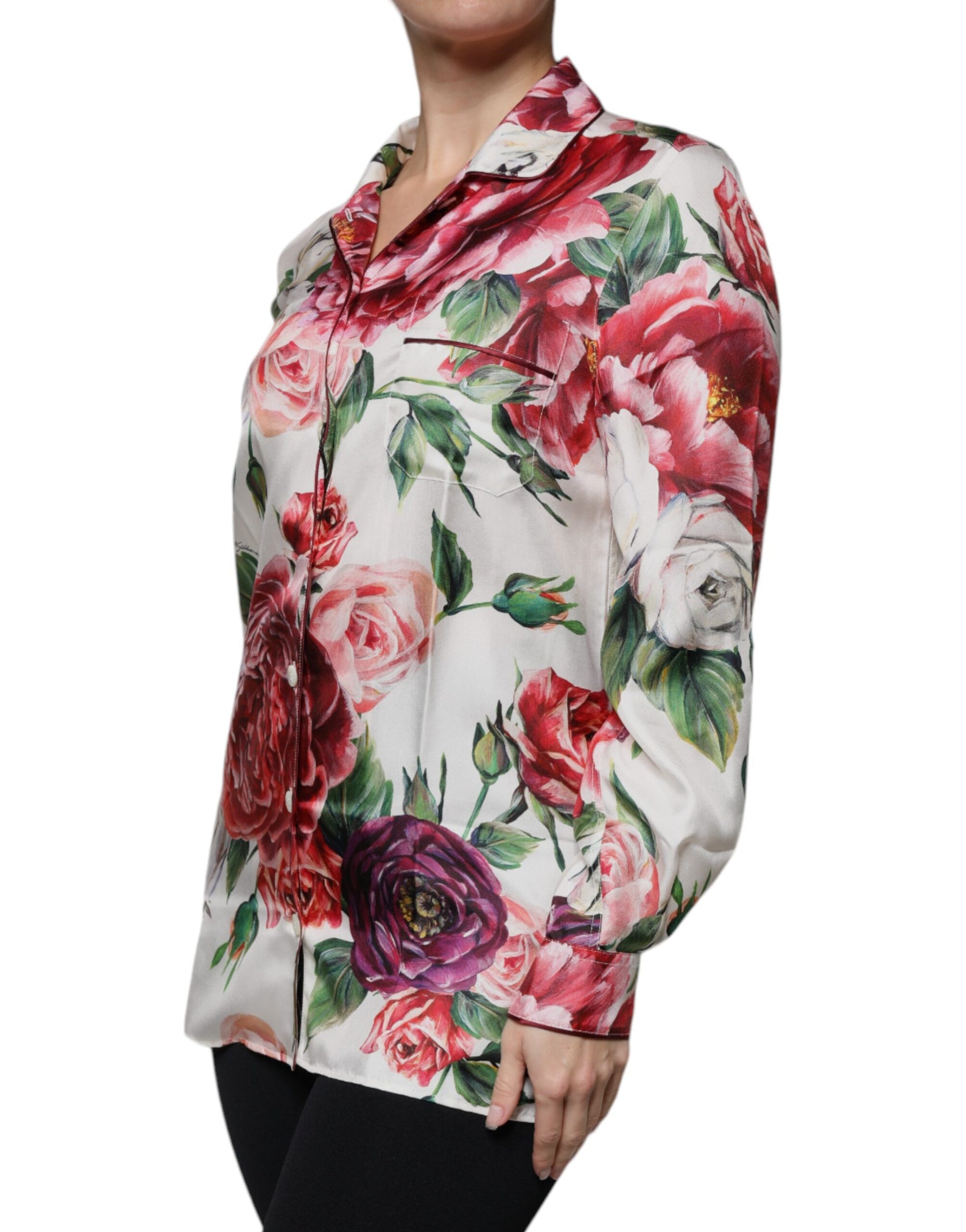 Dolce & Gabbana White Peony Silk Long Sleeves Collared Blouse Top | Regal Royce