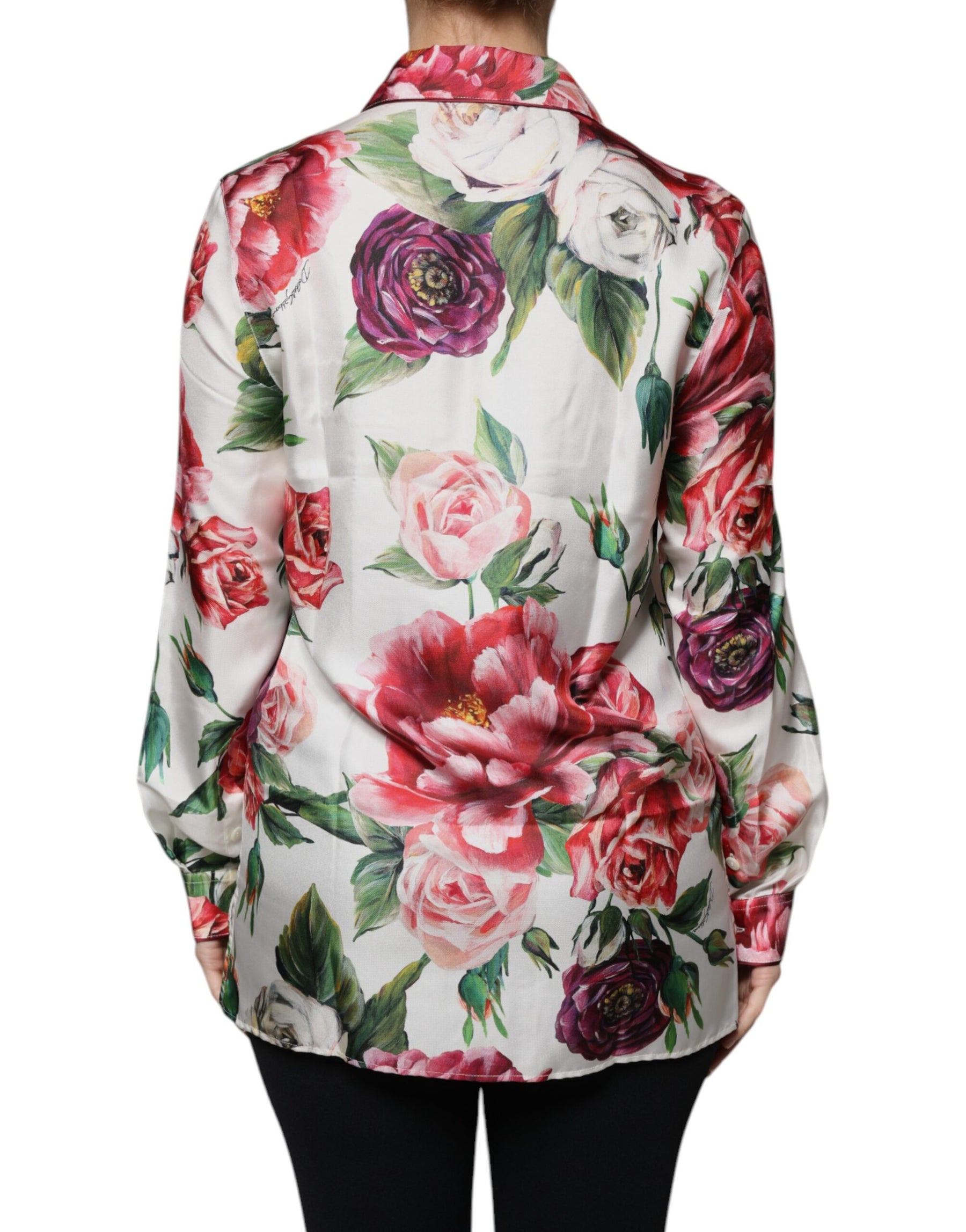 Dolce & Gabbana White Peony Silk Long Sleeves Collared Blouse Top | Regal Royce