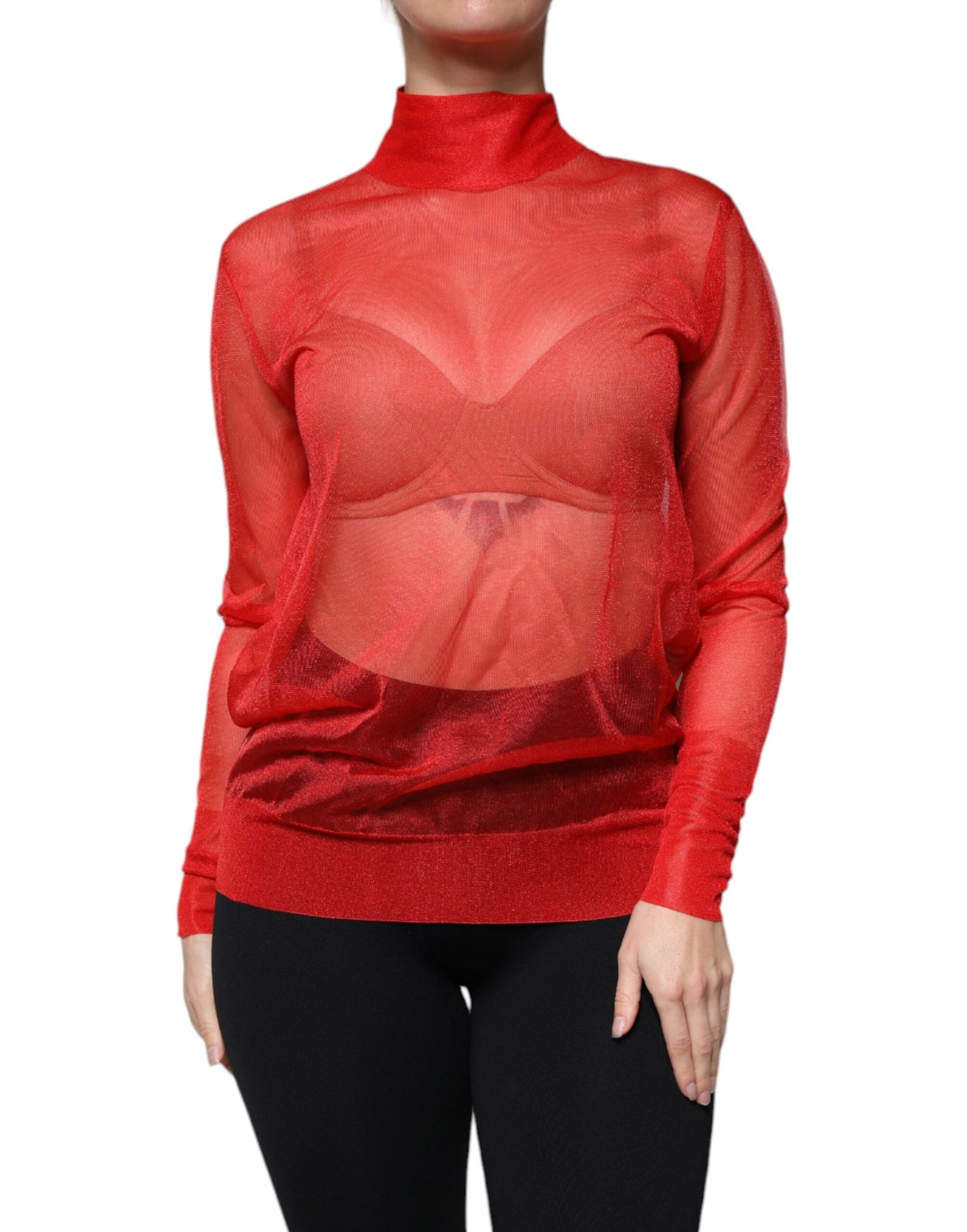 Dolce & Gabbana Red Mesh Turtleneck Long Sleeve Blouse Top | Regal Royce