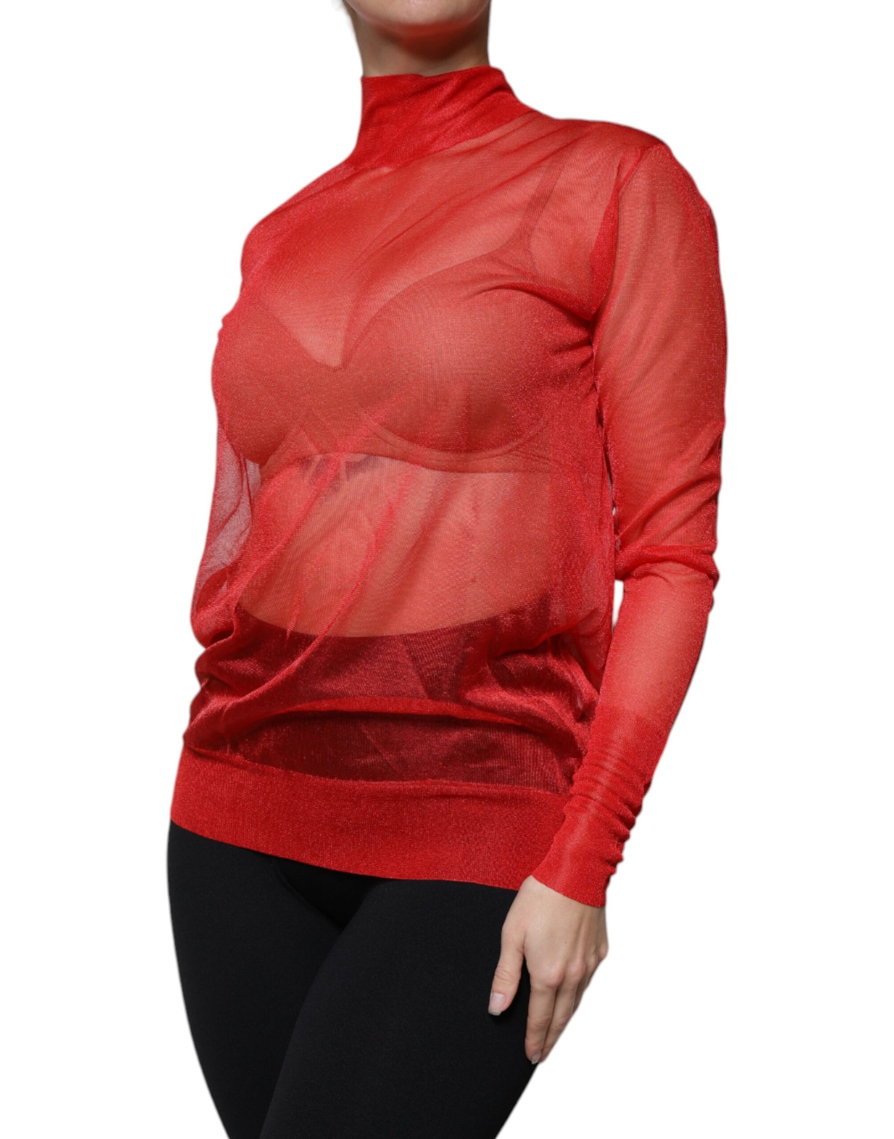 Dolce & Gabbana Red Mesh Turtleneck Long Sleeve Blouse Top | Regal Royce