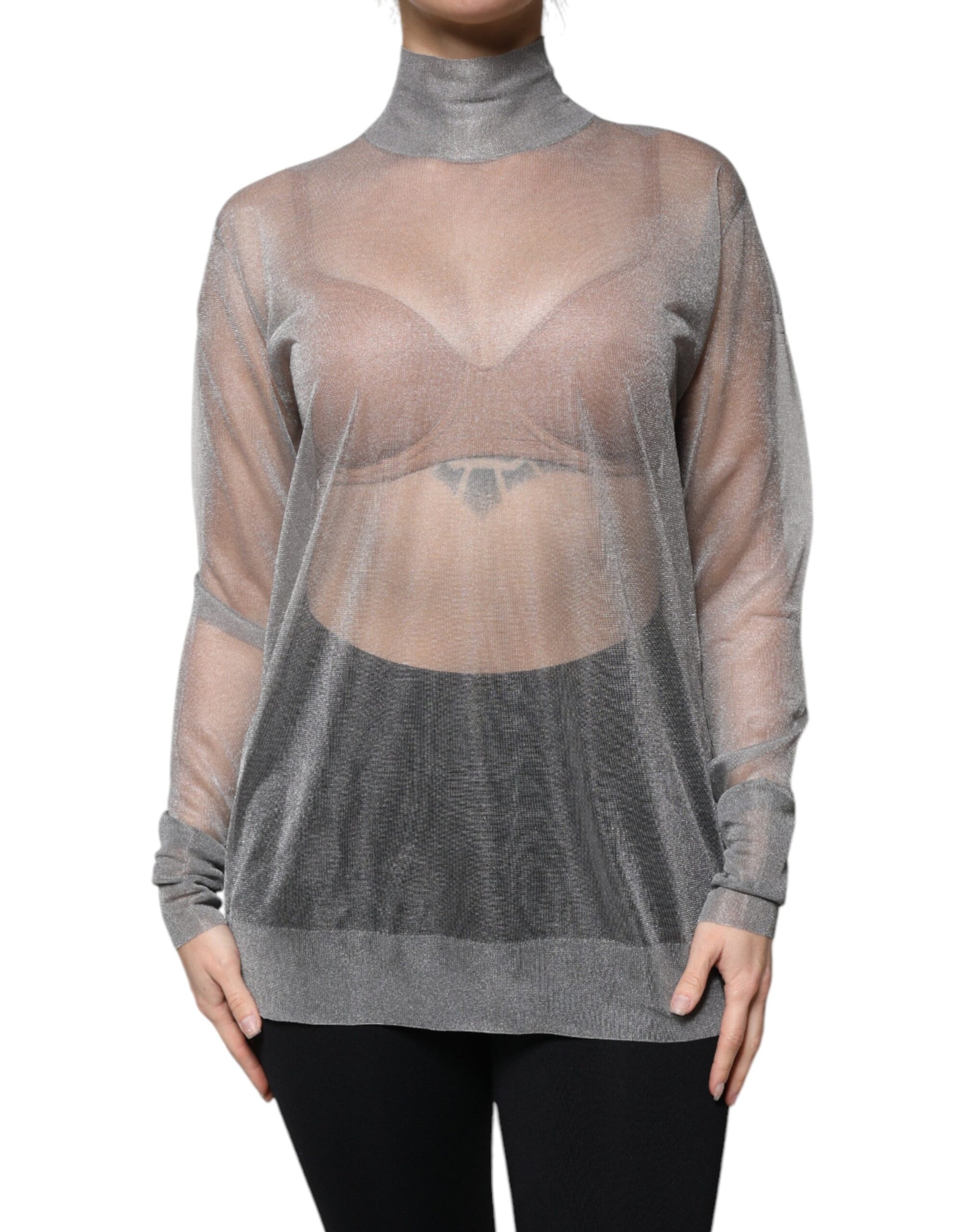 Dolce & Gabbana Grey Mesh Turtleneck Long Sleeve Blouse Top | Regal Royce