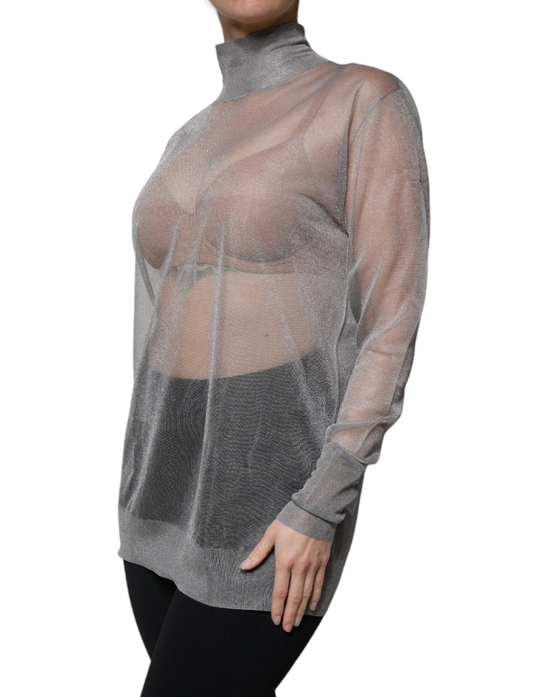 Dolce & Gabbana Grey Mesh Turtleneck Long Sleeve Blouse Top | Regal Royce