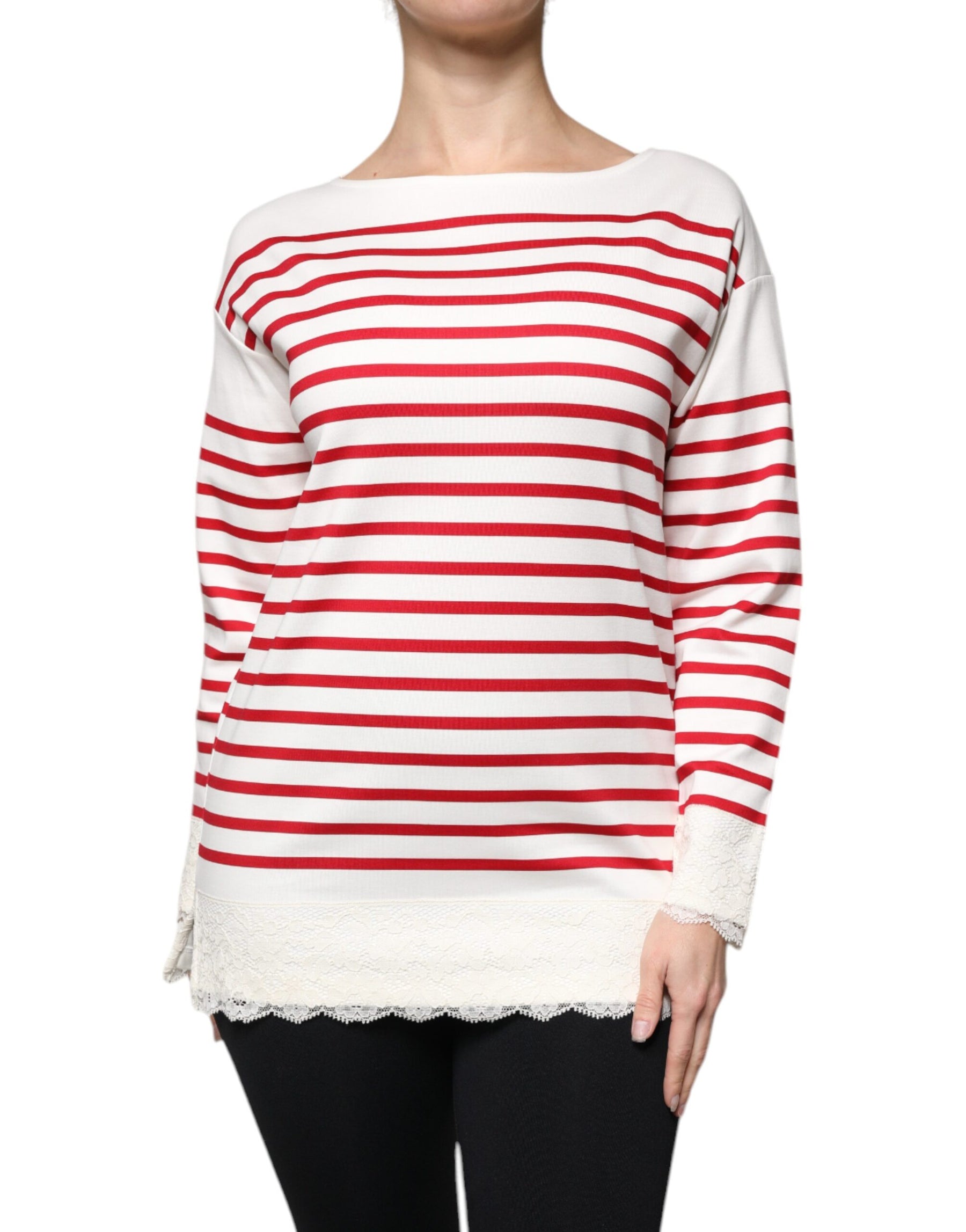 Dolce & Gabbana White Red Stripes Cotton Long Sleeves Top | Regal Royce