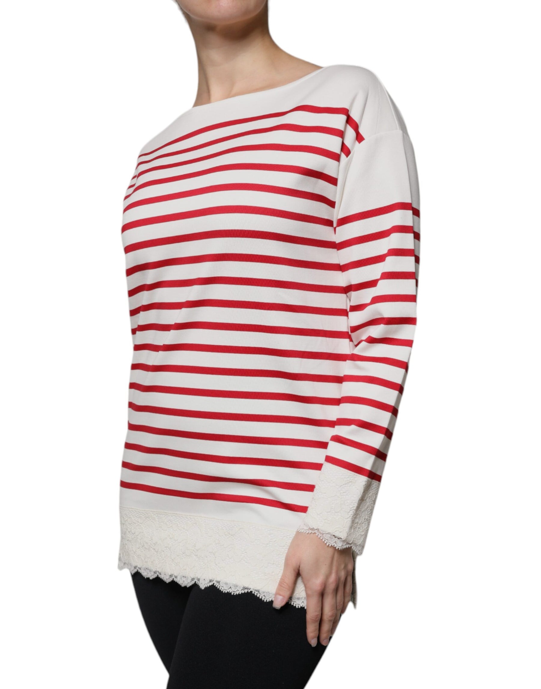 Dolce & Gabbana White Red Stripes Cotton Long Sleeves Top | Regal Royce