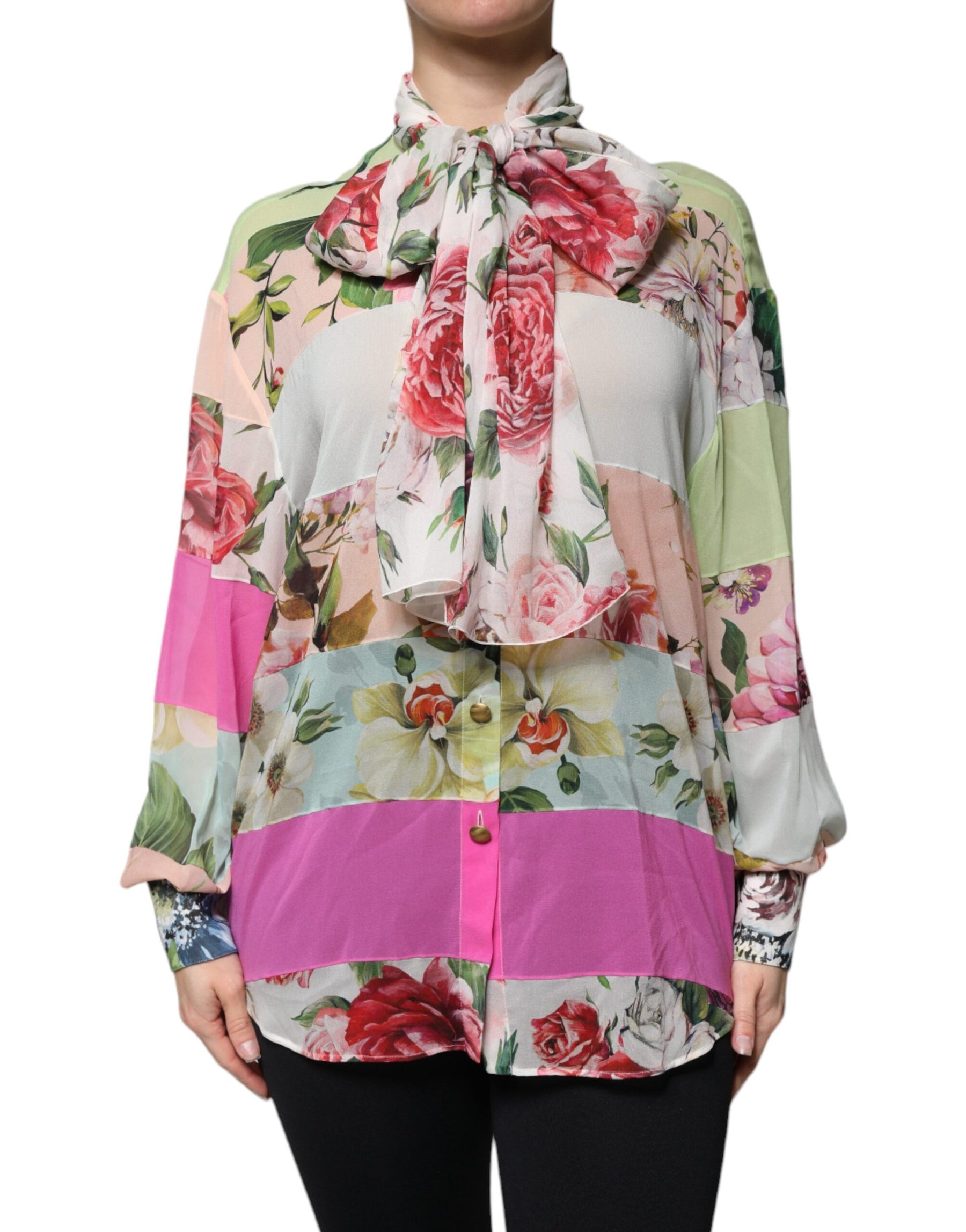 Dolce & Gabbana Multicolor Floral Patchwork Ascot Collar Top | Regal Royce