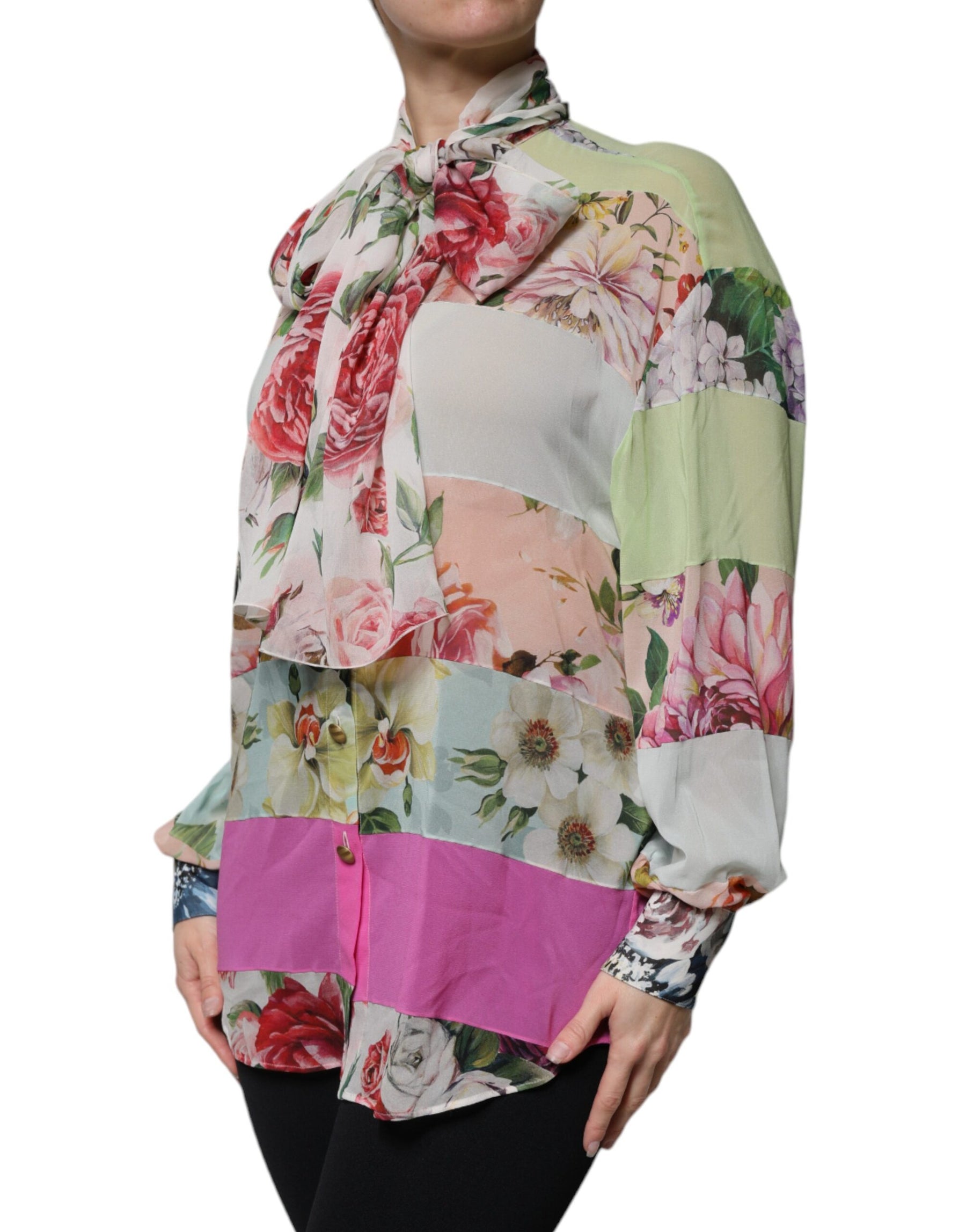 Dolce & Gabbana Multicolor Floral Patchwork Ascot Collar Top | Regal Royce
