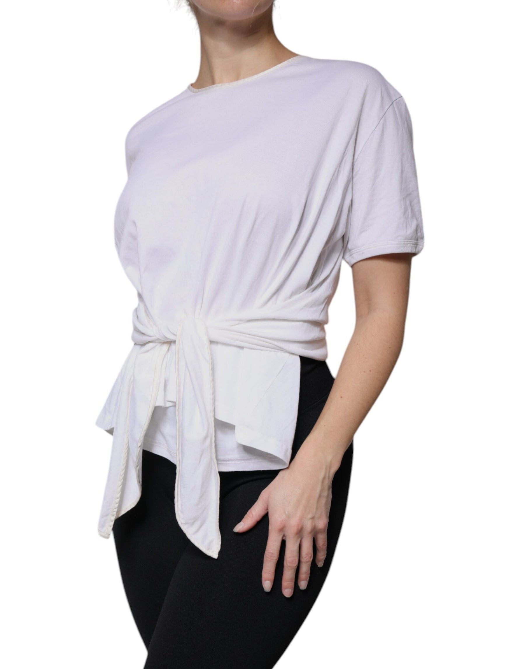 Dolce & Gabbana White Cotton Silk Round Neck Wrap Blouse Top | Regal Royce