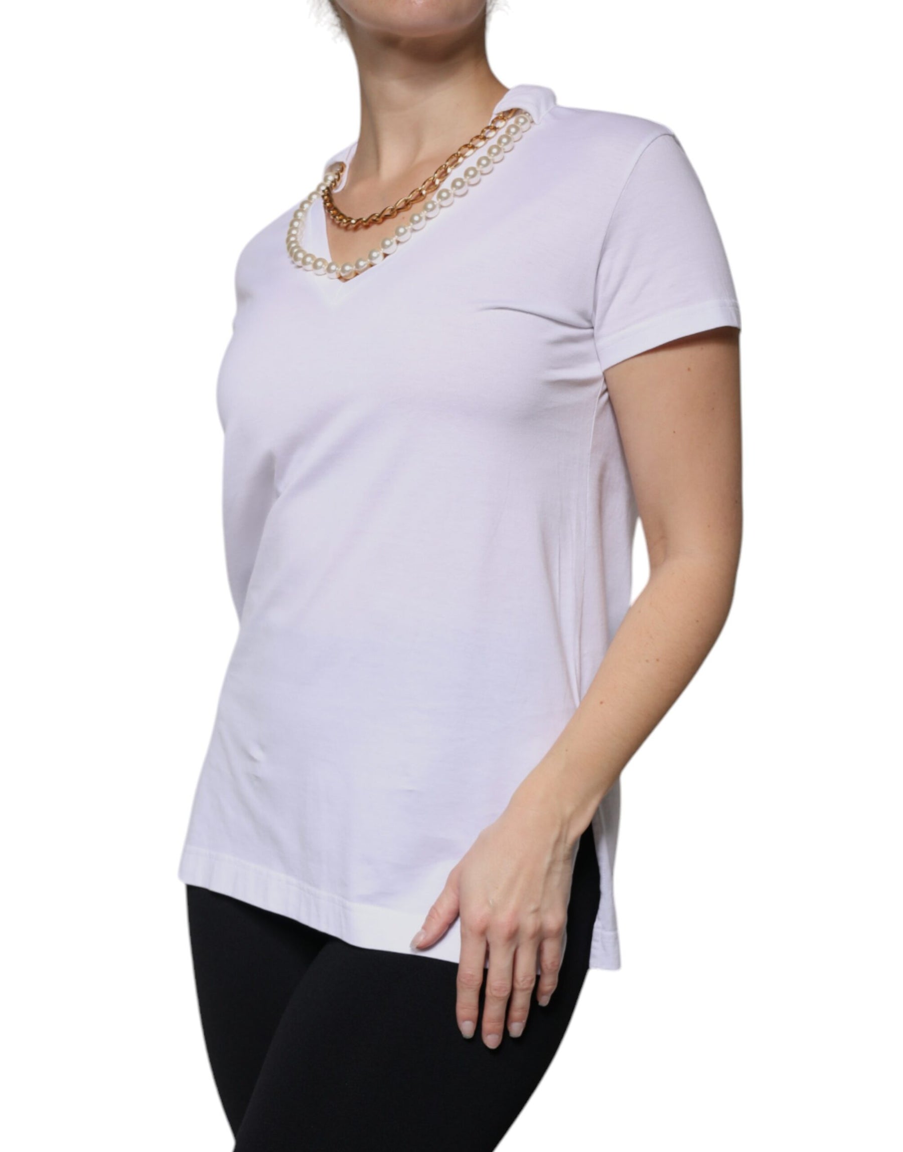 Dolce & Gabbana White Cotton Necklace Chain Short Sleeves T-shirt | Regal Royce