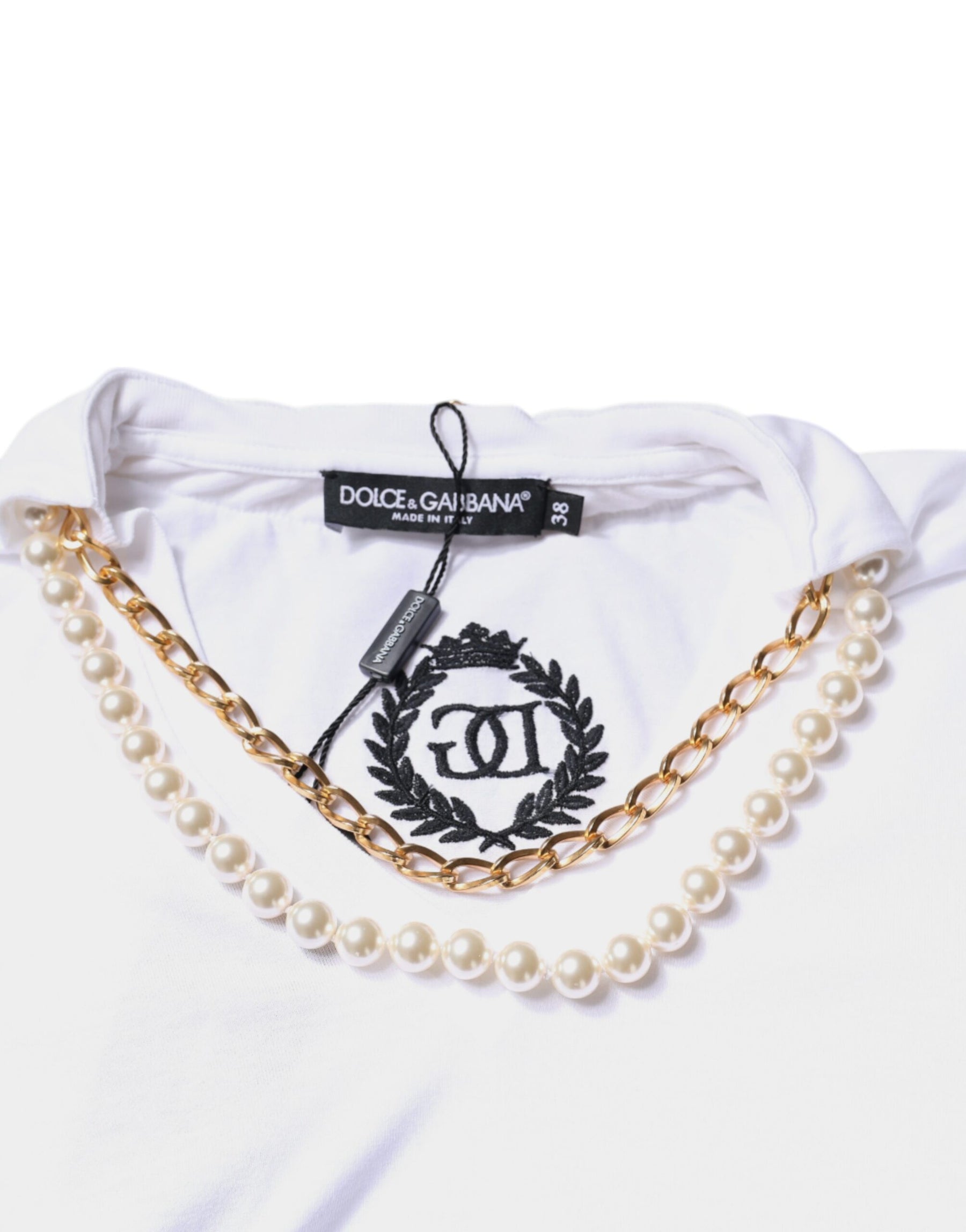 Dolce & Gabbana White Cotton Necklace Chain Short Sleeves T-shirt | Regal Royce