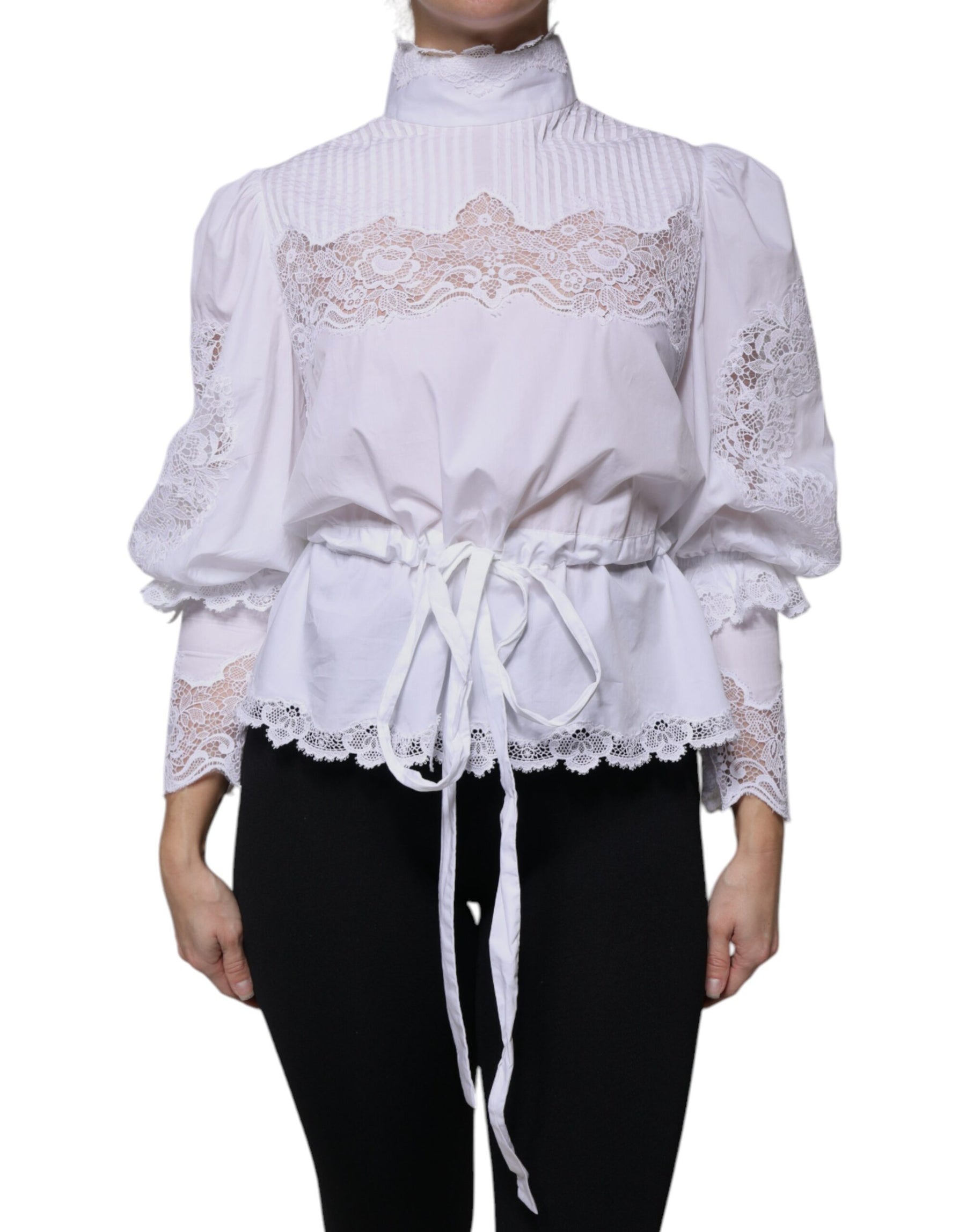 Dolce & Gabbana White Cotton Lace Trim Turtleneck Blouse Top | Regal Royce