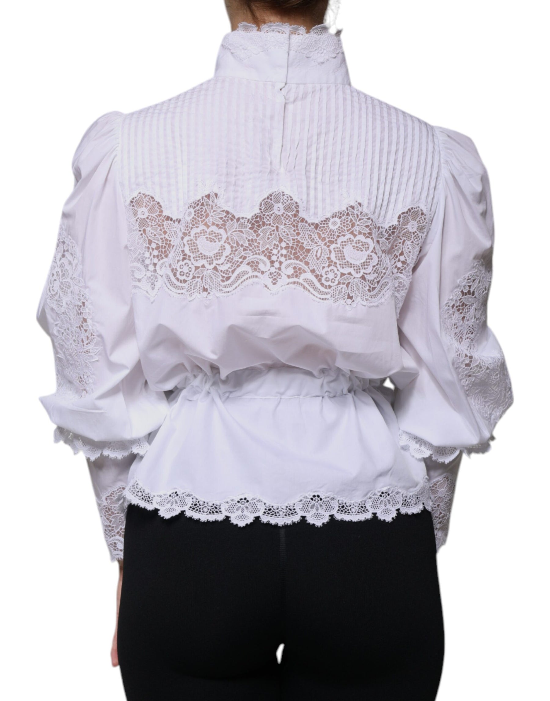 Dolce & Gabbana White Cotton Lace Trim Turtleneck Blouse Top | Regal Royce