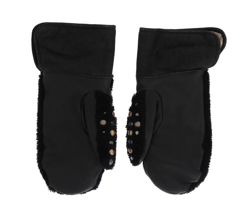 Dolce & Gabbana Black Leather Shearling Studded Gloves | Regal Royce