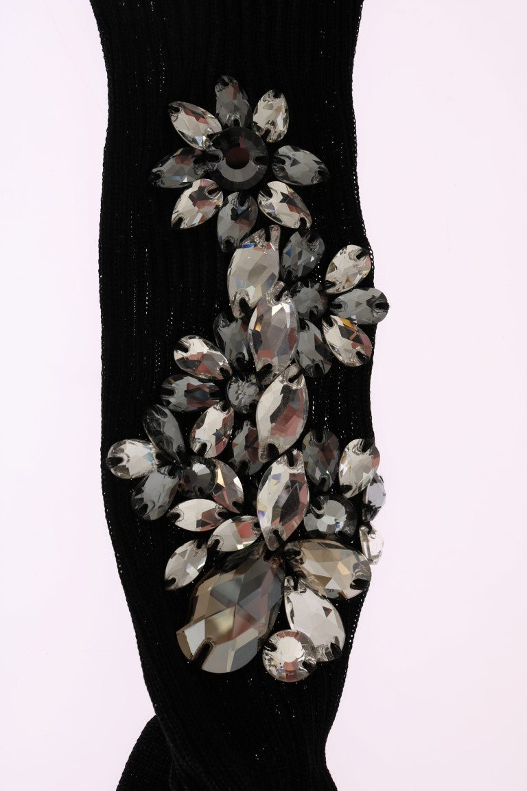 Dolce & Gabbana Black Knitted Floral Clear Crystal Socks | Regal Royce