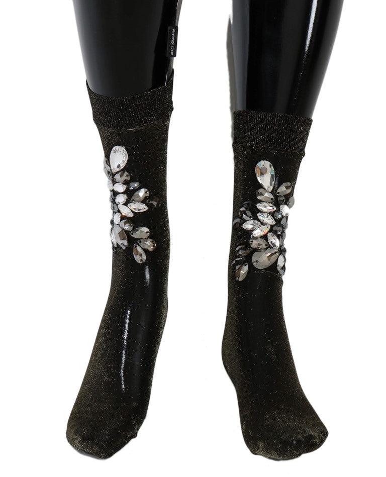 Dolce & Gabbana Black Stretch Floral Clear Crystal Socks | Regal Royce