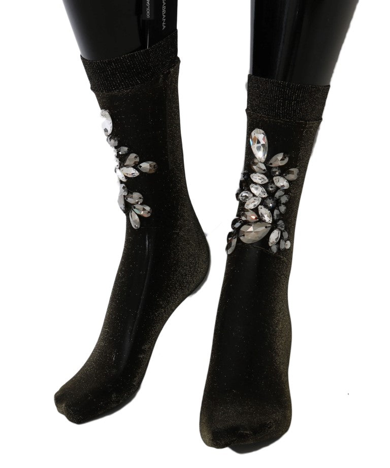 Dolce & Gabbana Black Stretch Floral Clear Crystal Socks | Regal Royce