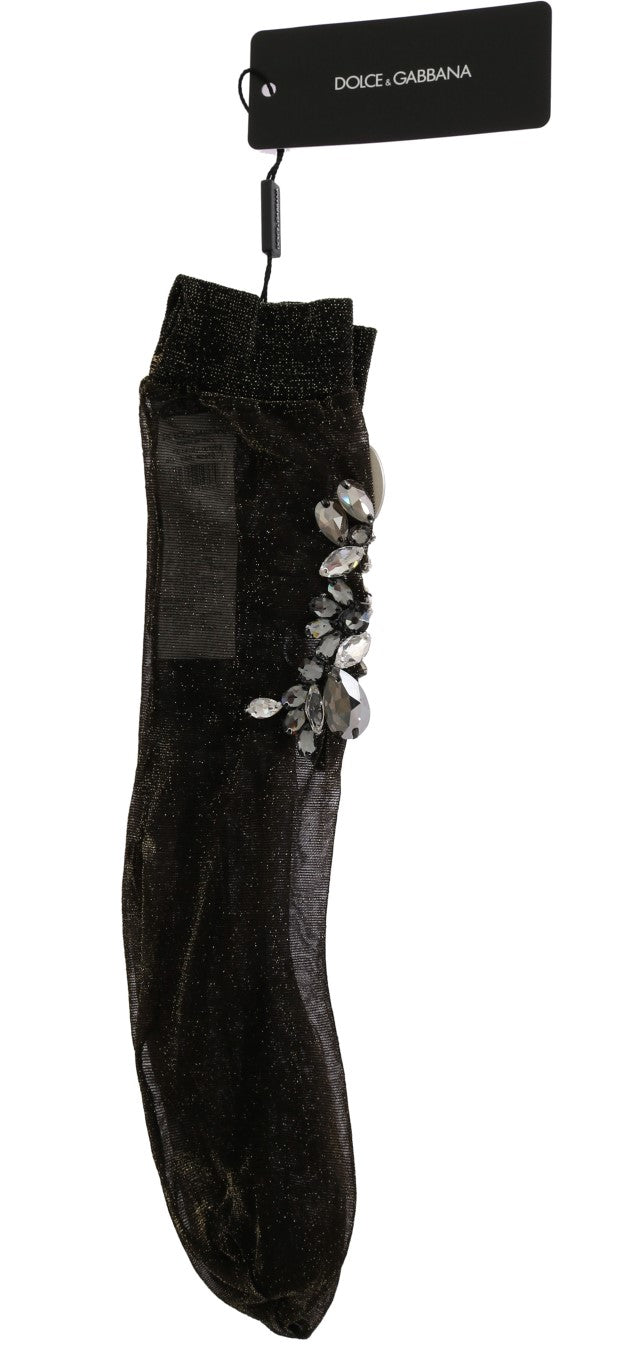 Dolce & Gabbana Black Stretch Floral Clear Crystal Socks | Regal Royce