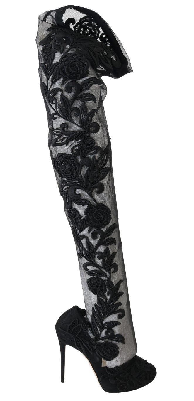 Dolce & Gabbana Black Floral Embroidered Socks Boots | Regal Royce