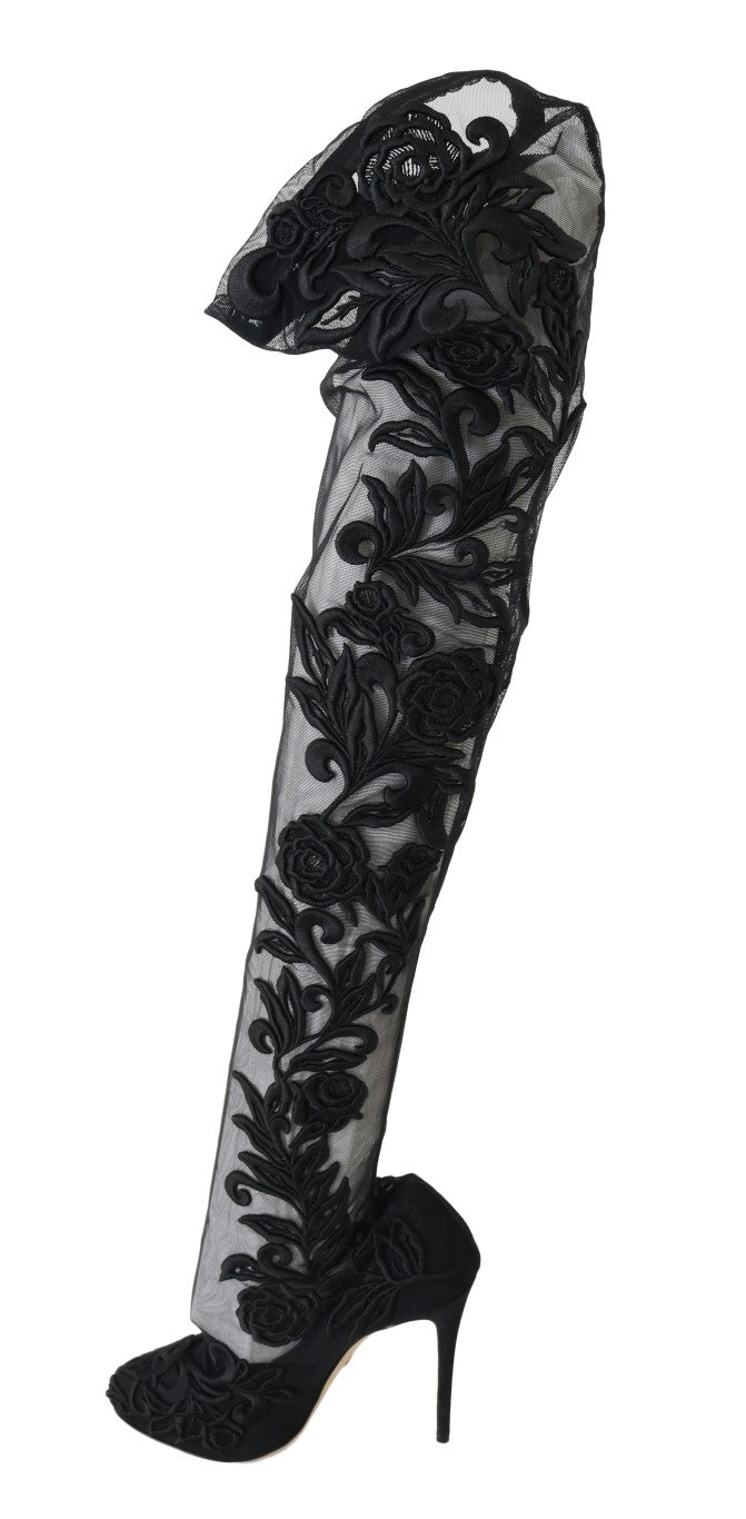 Dolce & Gabbana Black Floral Embroidered Socks Boots | Regal Royce