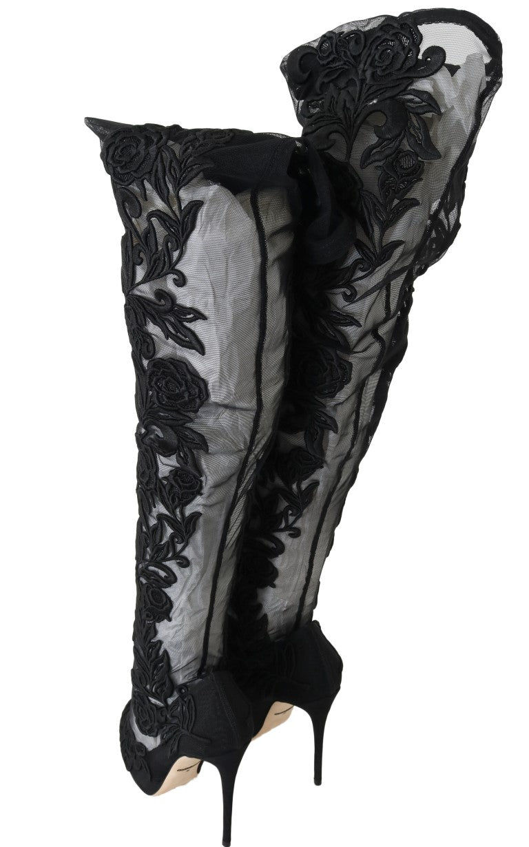 Dolce & Gabbana Black Floral Embroidered Socks Boots | Regal Royce