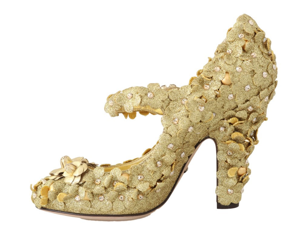 Dolce & Gabbana Gold Floral Crystal Mary Janes Pumps | Regal Royce