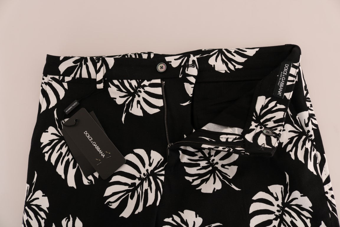 Dolce & Gabbana White Black Leaf Cotton Stretch Slim Pants | Regal Royce