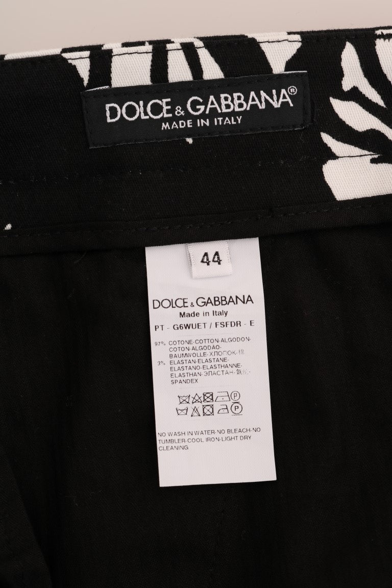 Dolce & Gabbana White Black Leaf Cotton Stretch Slim Pants | Regal Royce