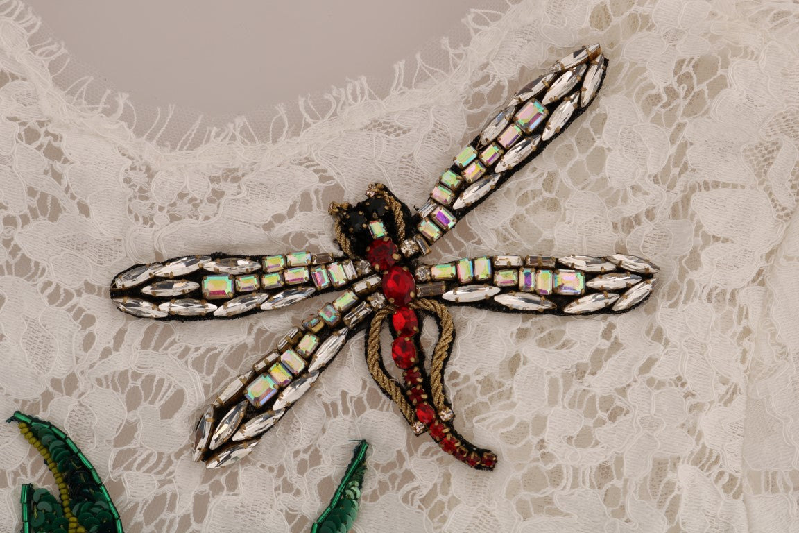 Dolce & Gabbana White Crystal Embellished Lace Blouse