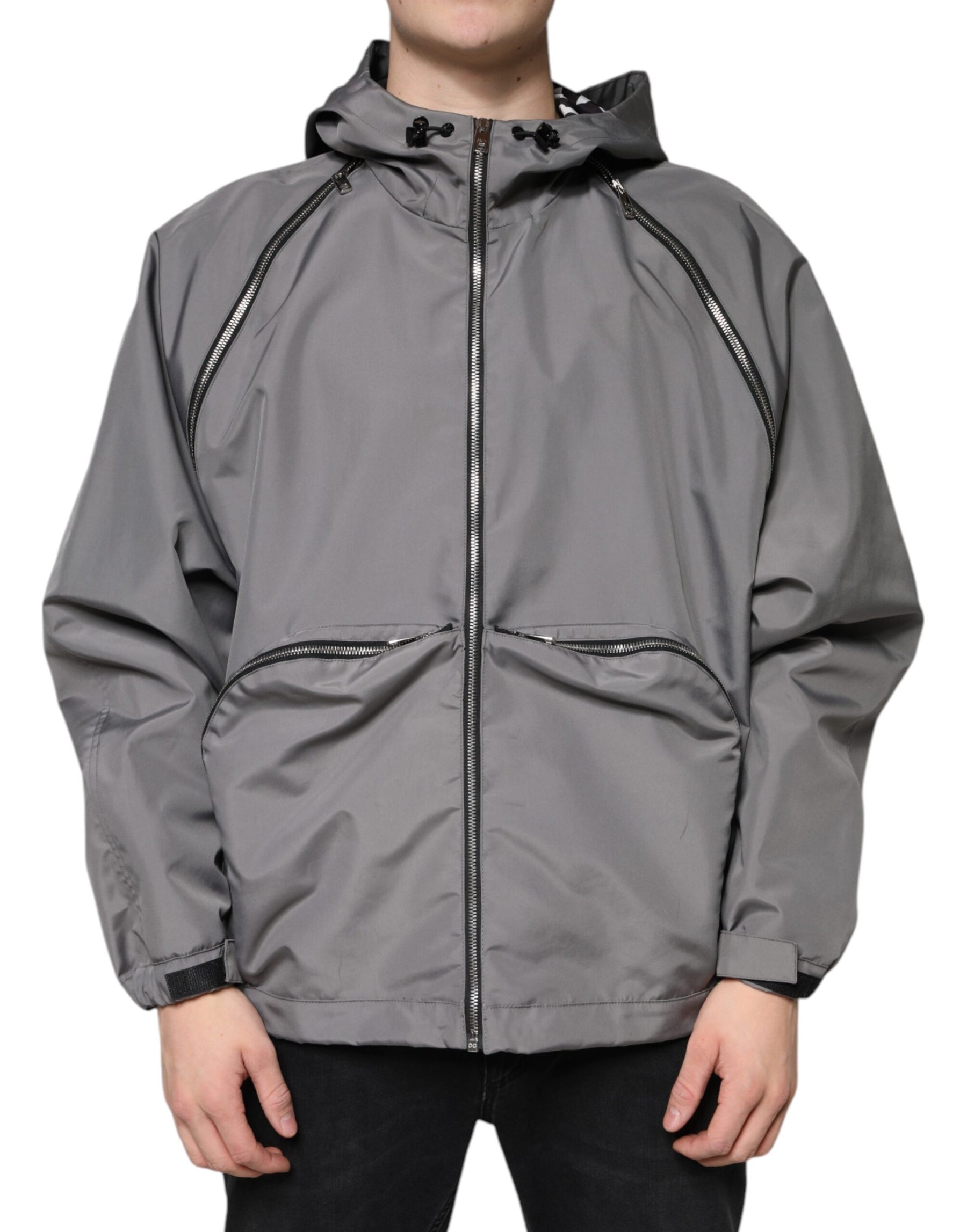 Dolce & Gabbana Gray Polyester Hooded Men Full Zip Jacket | Regal Royce