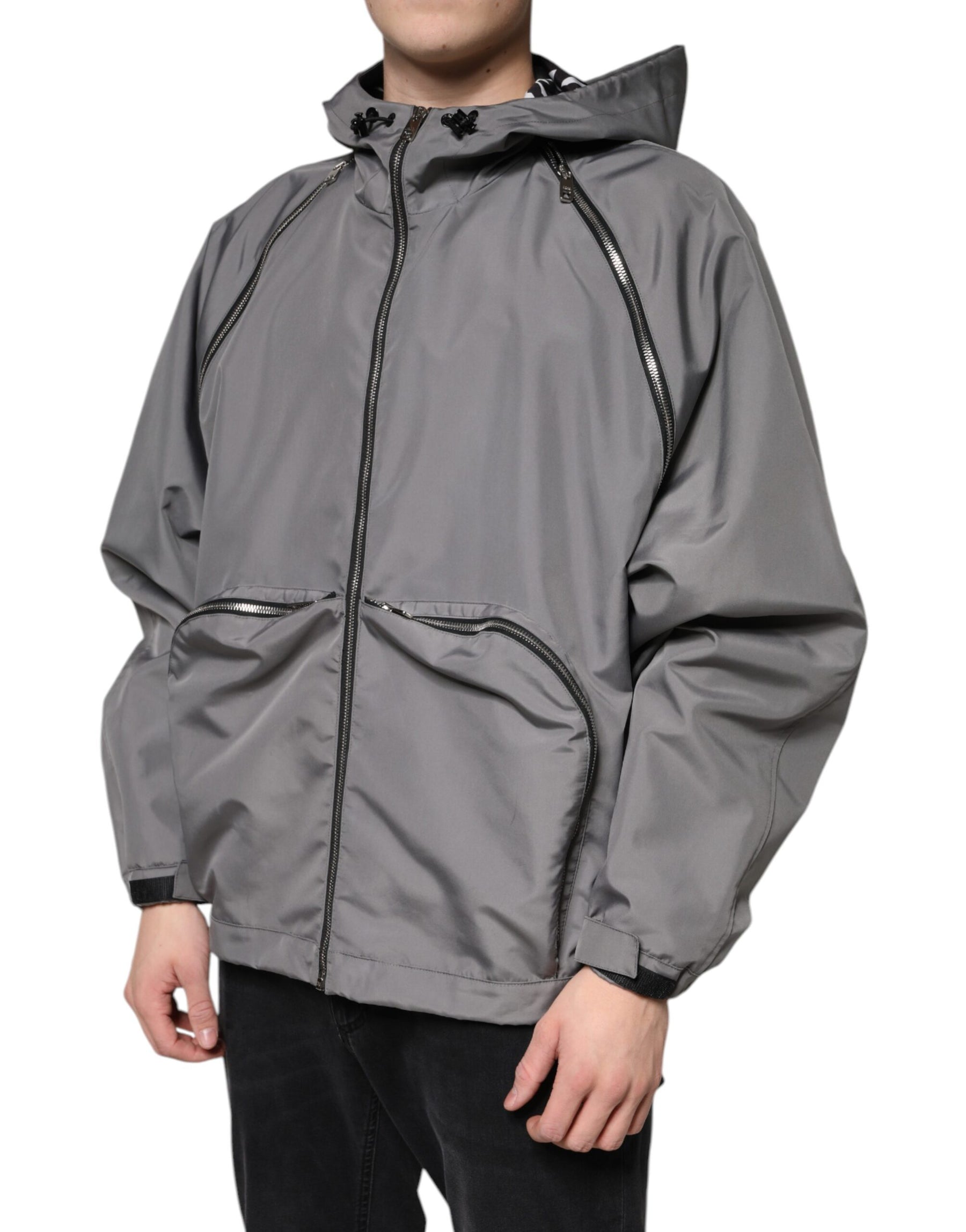 Dolce & Gabbana Gray Polyester Hooded Men Full Zip Jacket | Regal Royce