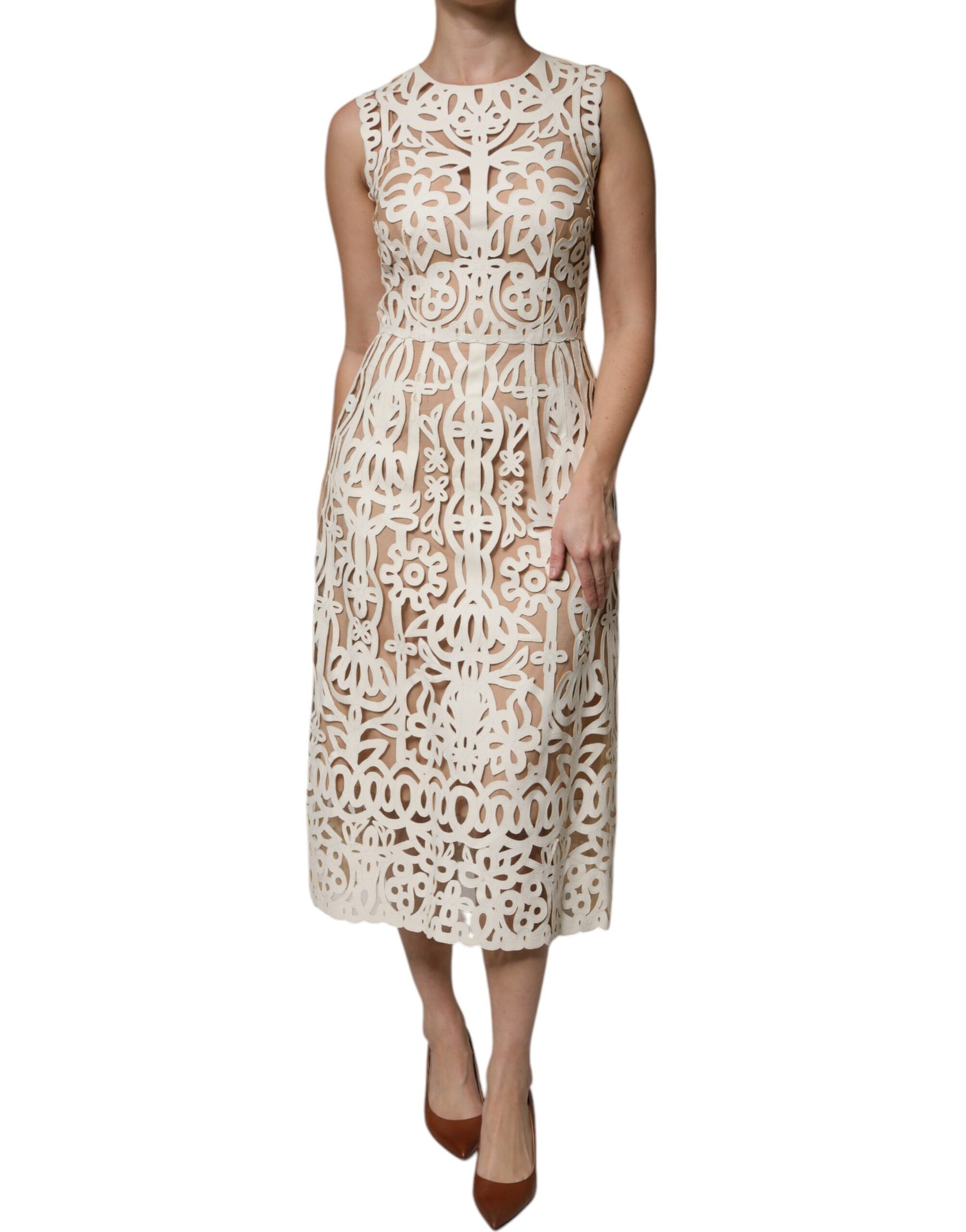 Dolce & Gabbana White Cut Out Leather Sleeveless Midi Dress | Regal Royce