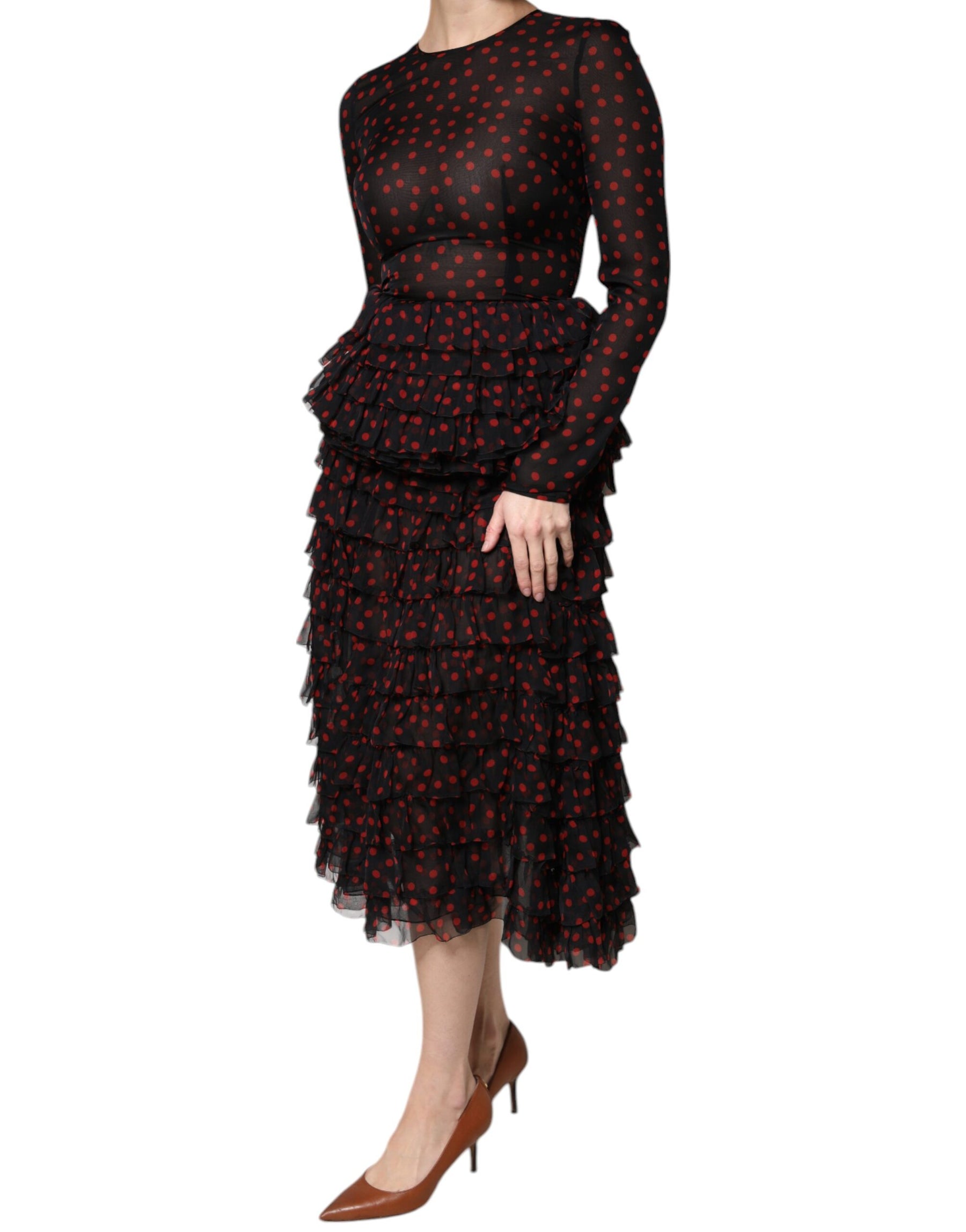 Dolce & Gabbana Black Red Polka Dot Silk Layered Midi Dress | Regal Royce