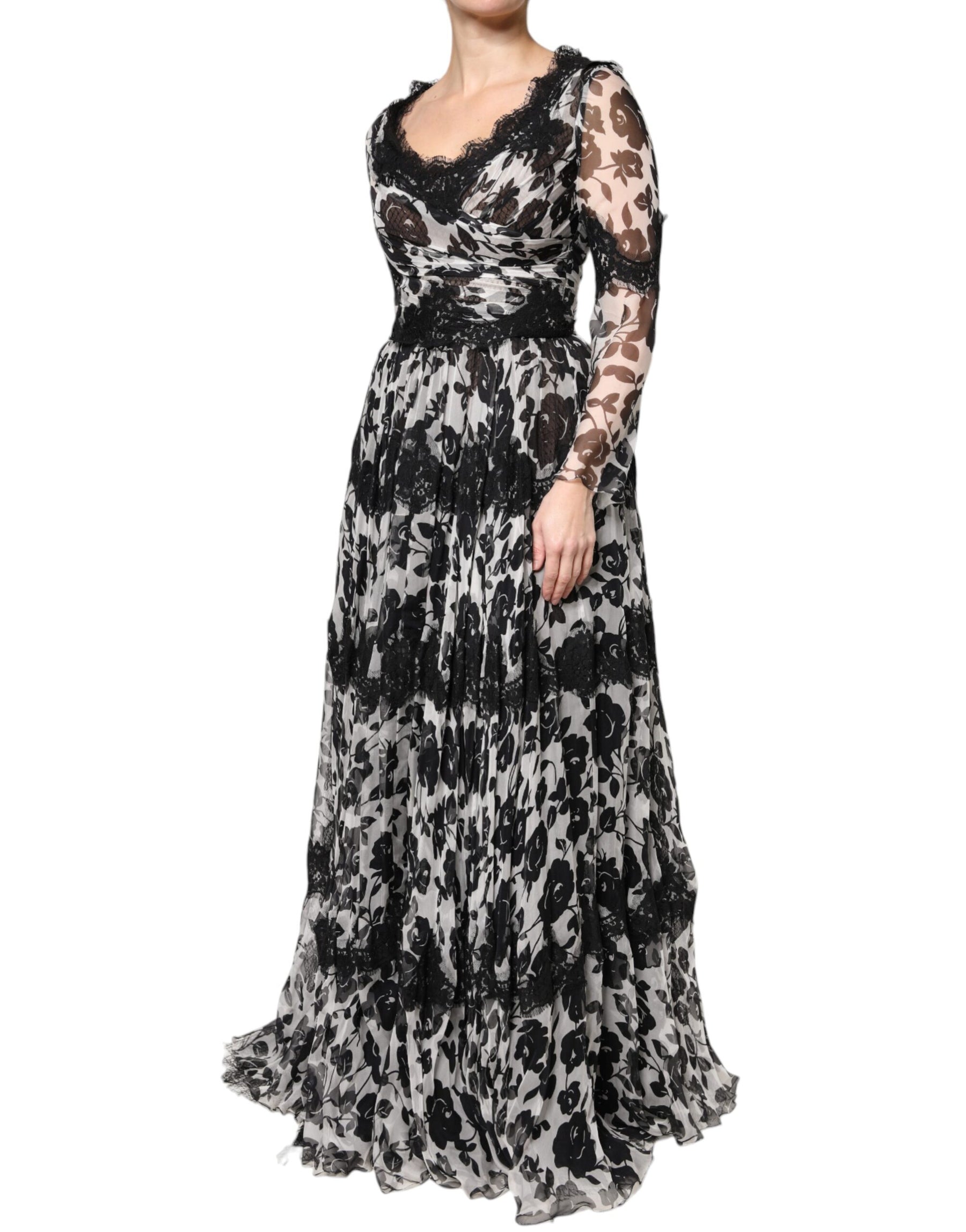 Dolce & Gabbana Black Silk Floral Lace Ricamo Ball Maxi Dress | Regal Royce