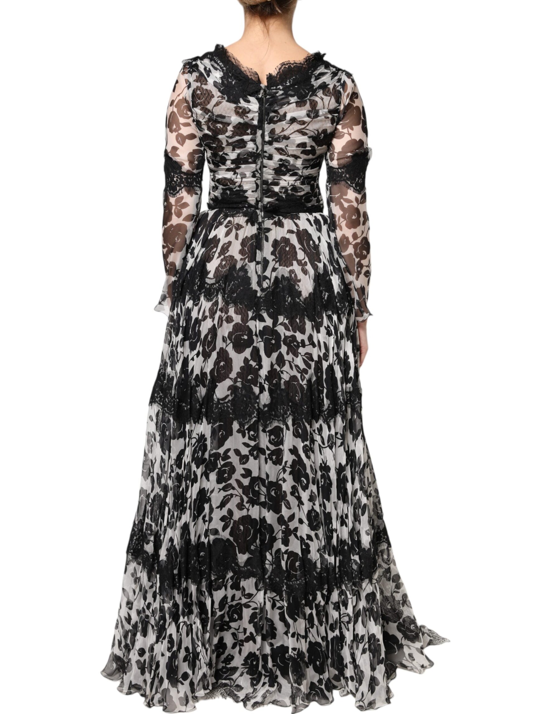Dolce & Gabbana Black Silk Floral Lace Ricamo Ball Maxi Dress | Regal Royce